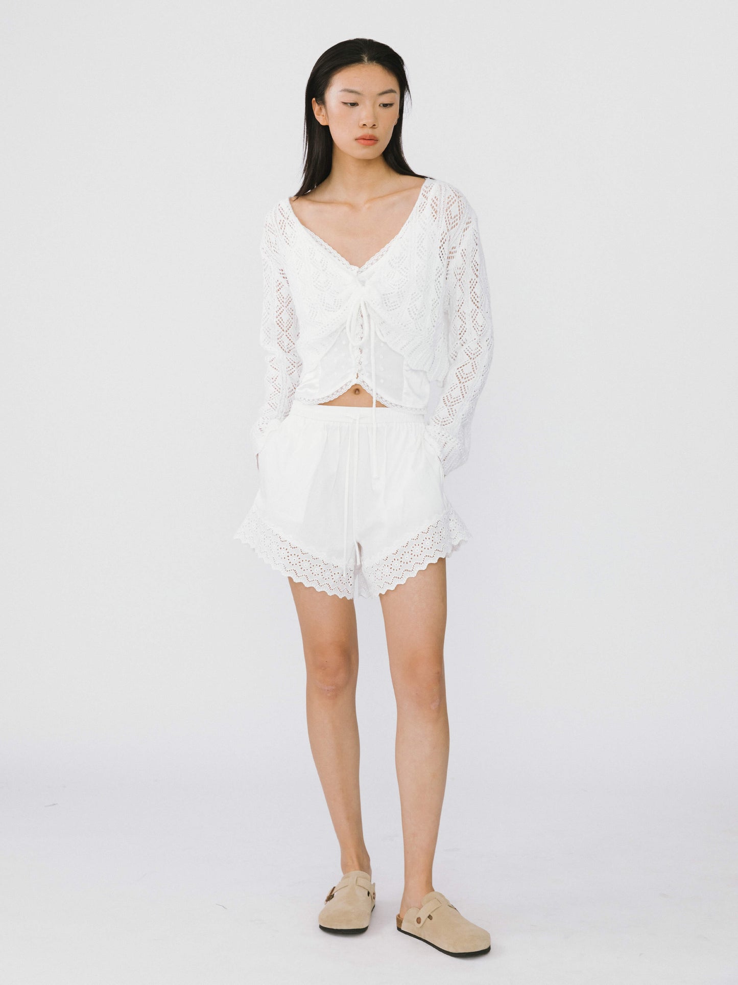 Thin Knit V-Neck Drawstring Top