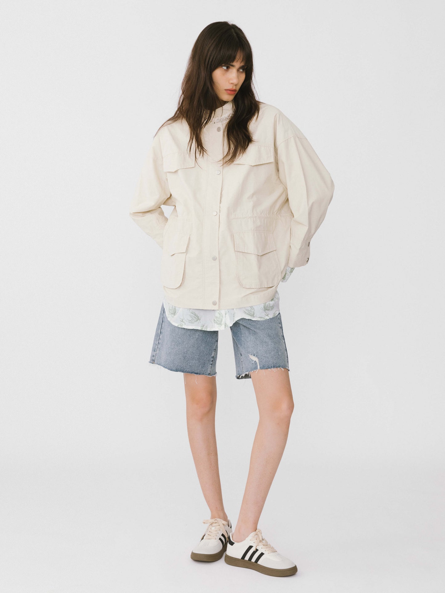 Beige Cargo Jacket With Pearl Neckline