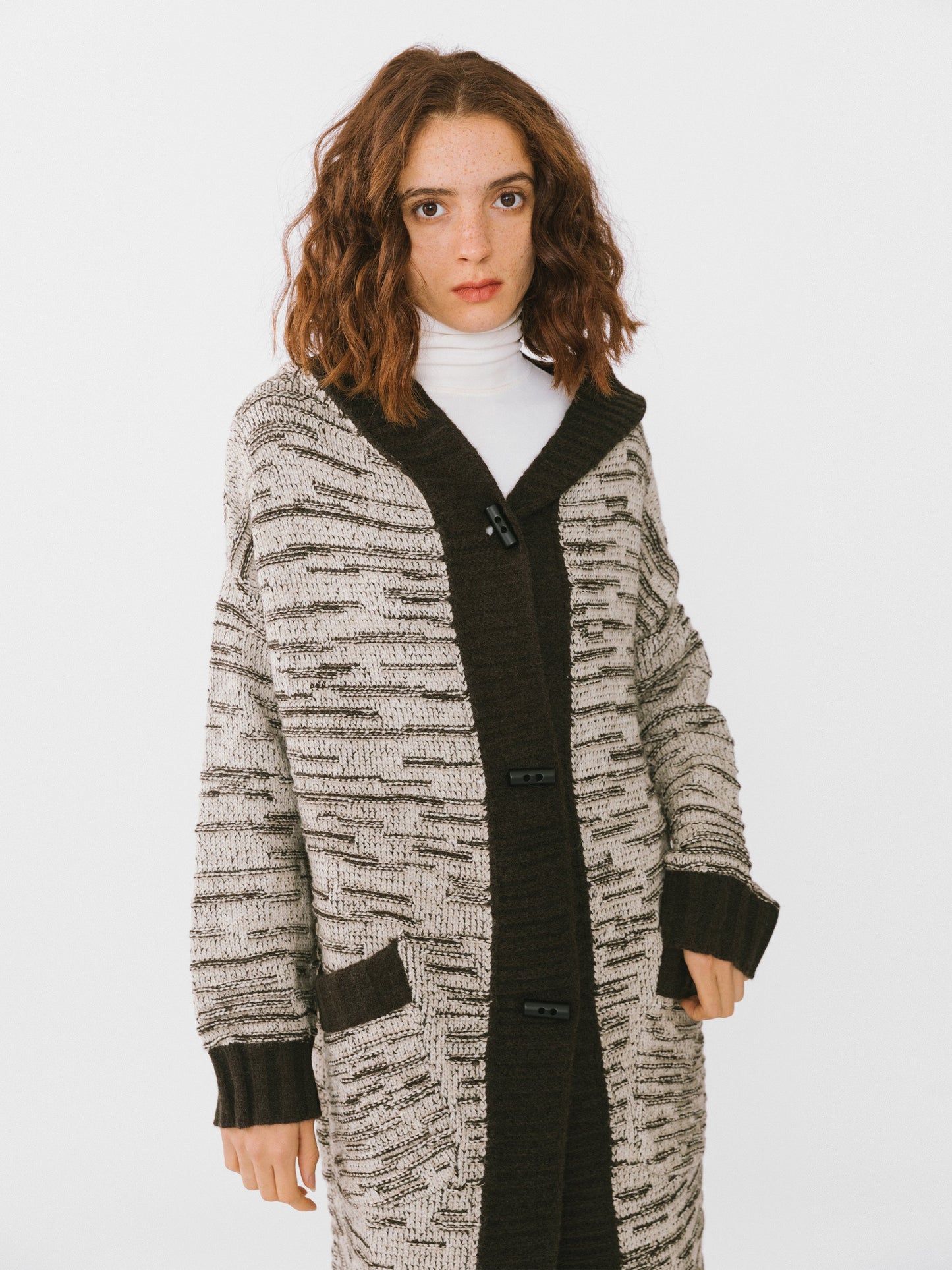 Contrasting Hooded Long Knitted Cardigan