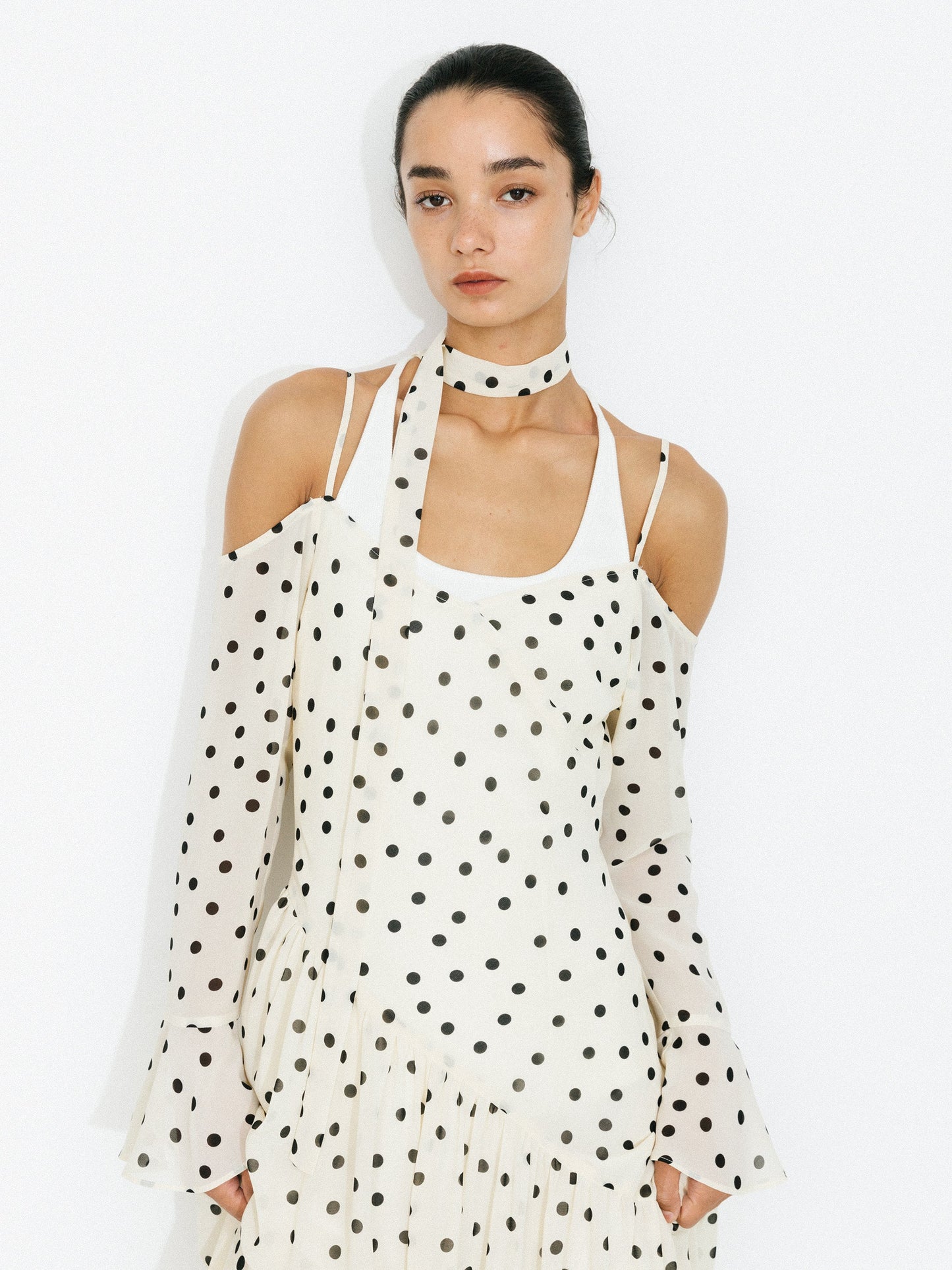 Polka Dot Off-Shoulder Cami Sleeve Maxi Dress