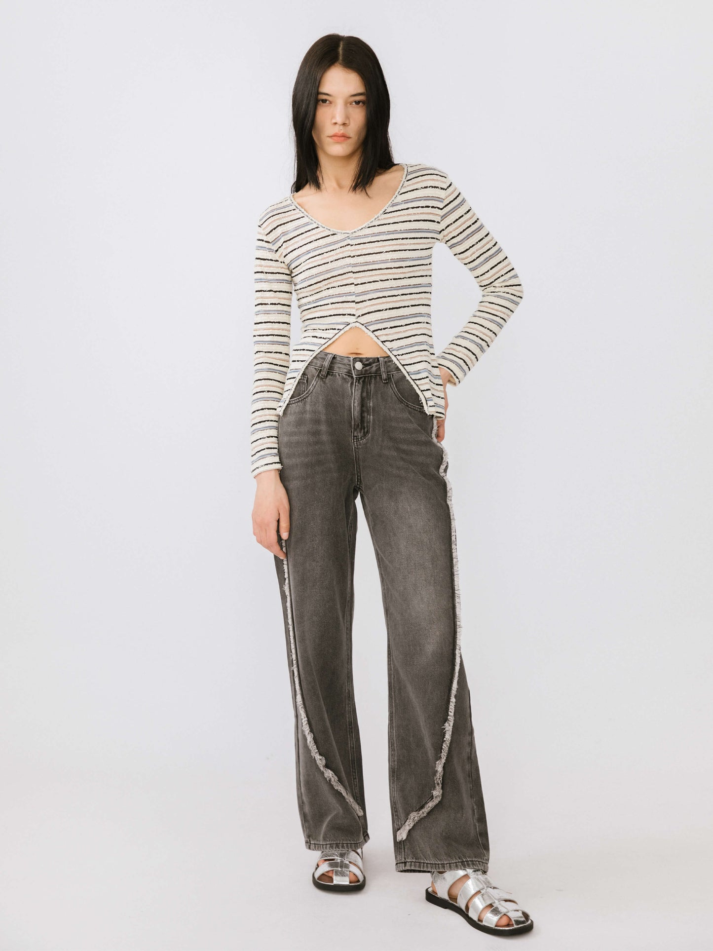 Front Slit Striped Long Sleeve Top