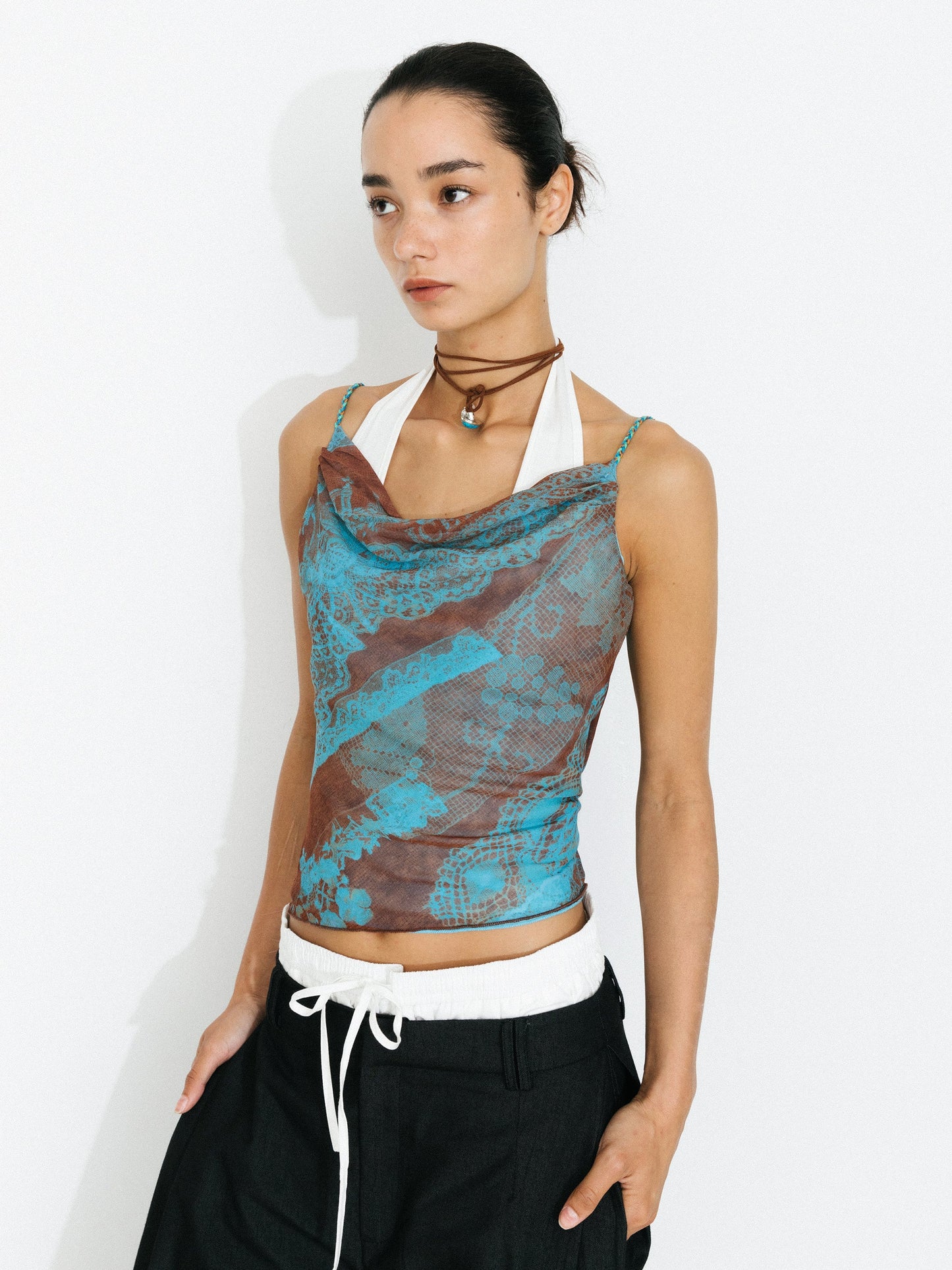 Print Satin Cowl Neck Cami Top