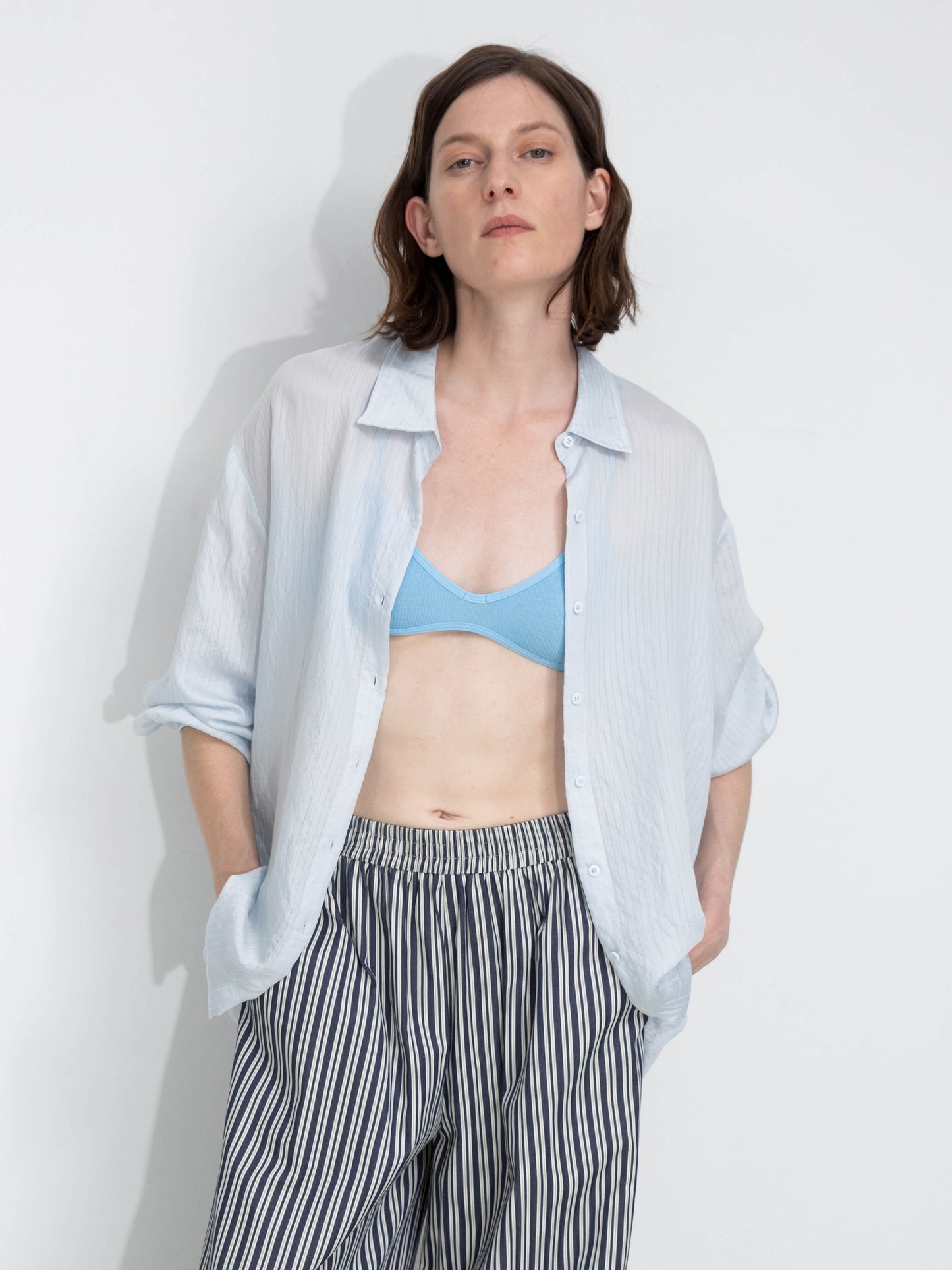 Semi-Sheer Oversized Striped Pattern Shirt