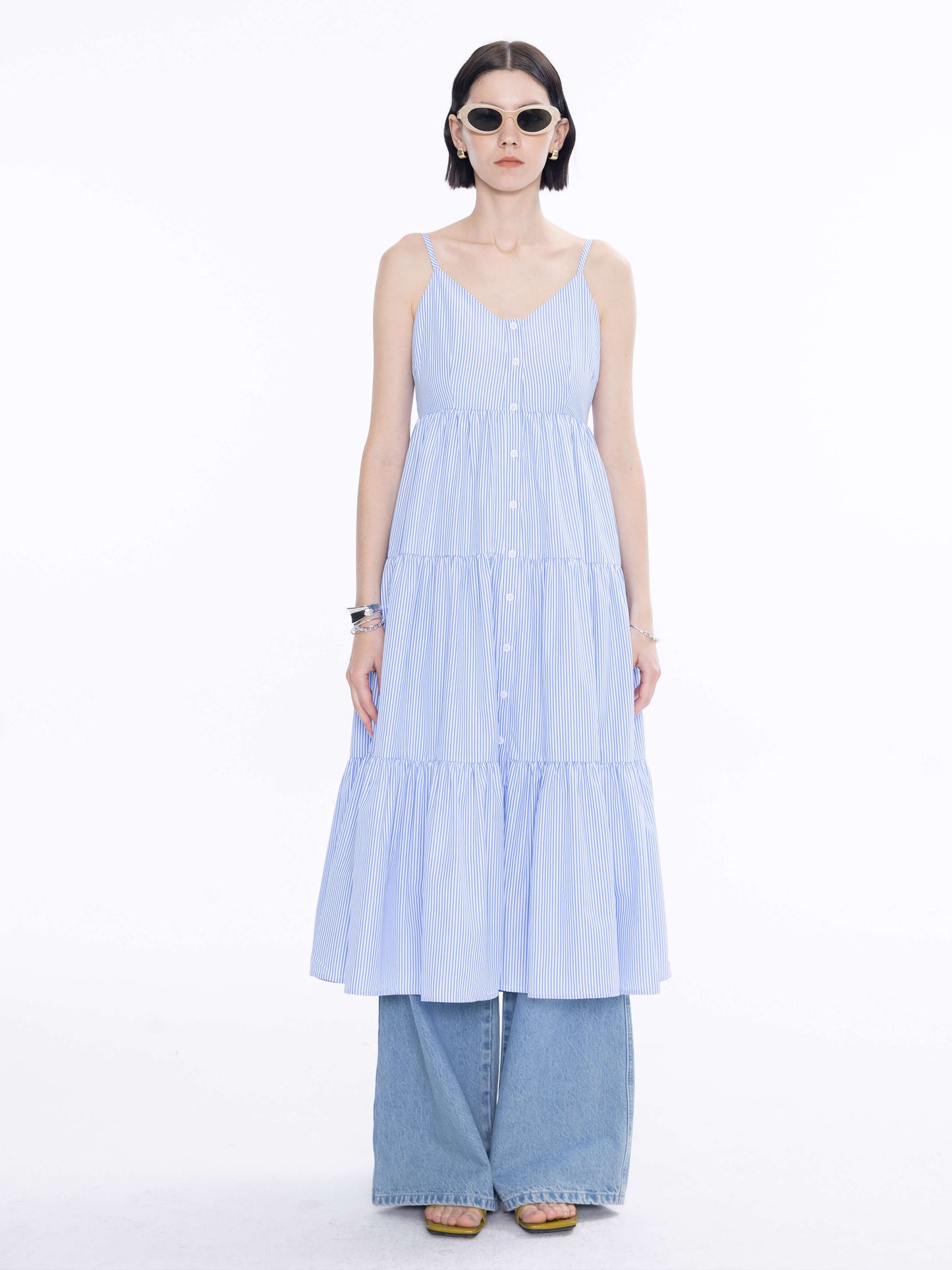 Pinstripe Spaghetti Strap Tiered Dress