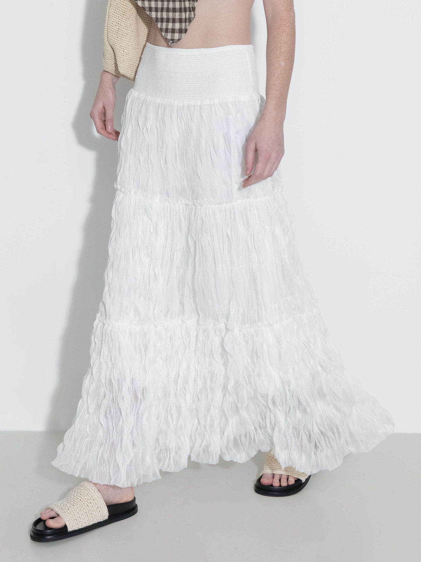White Wavy Draped Midi Skirt