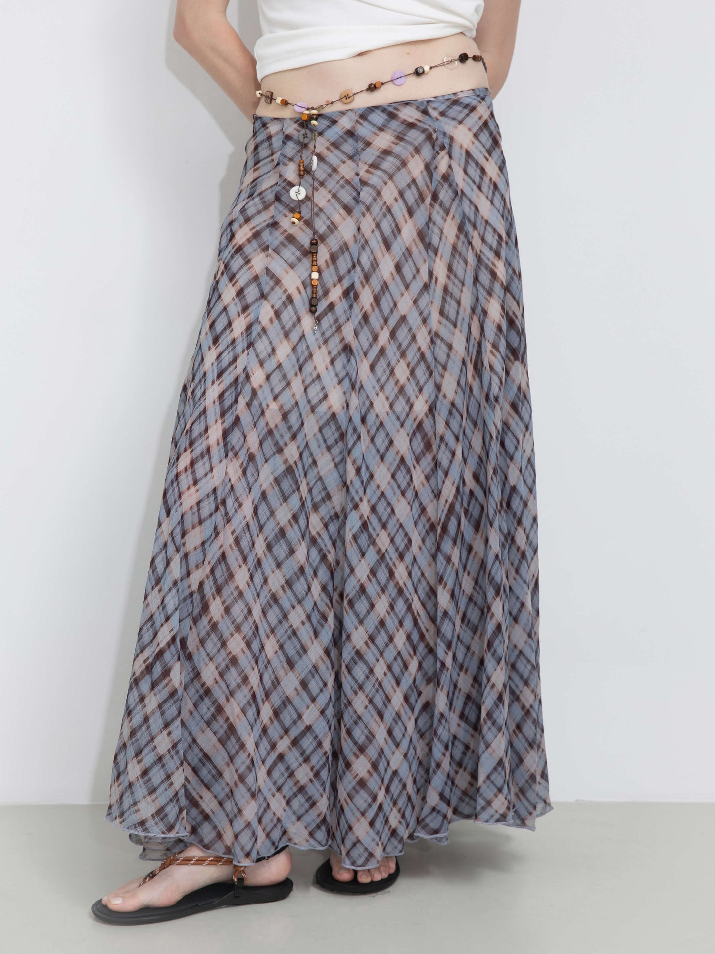 Asymmetrical Flowy Check Maxi Skirt-Blue