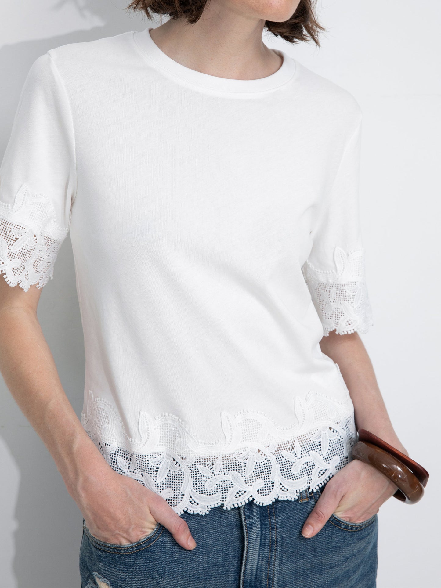 Loose Cotton T-Shirt with Lace Panels