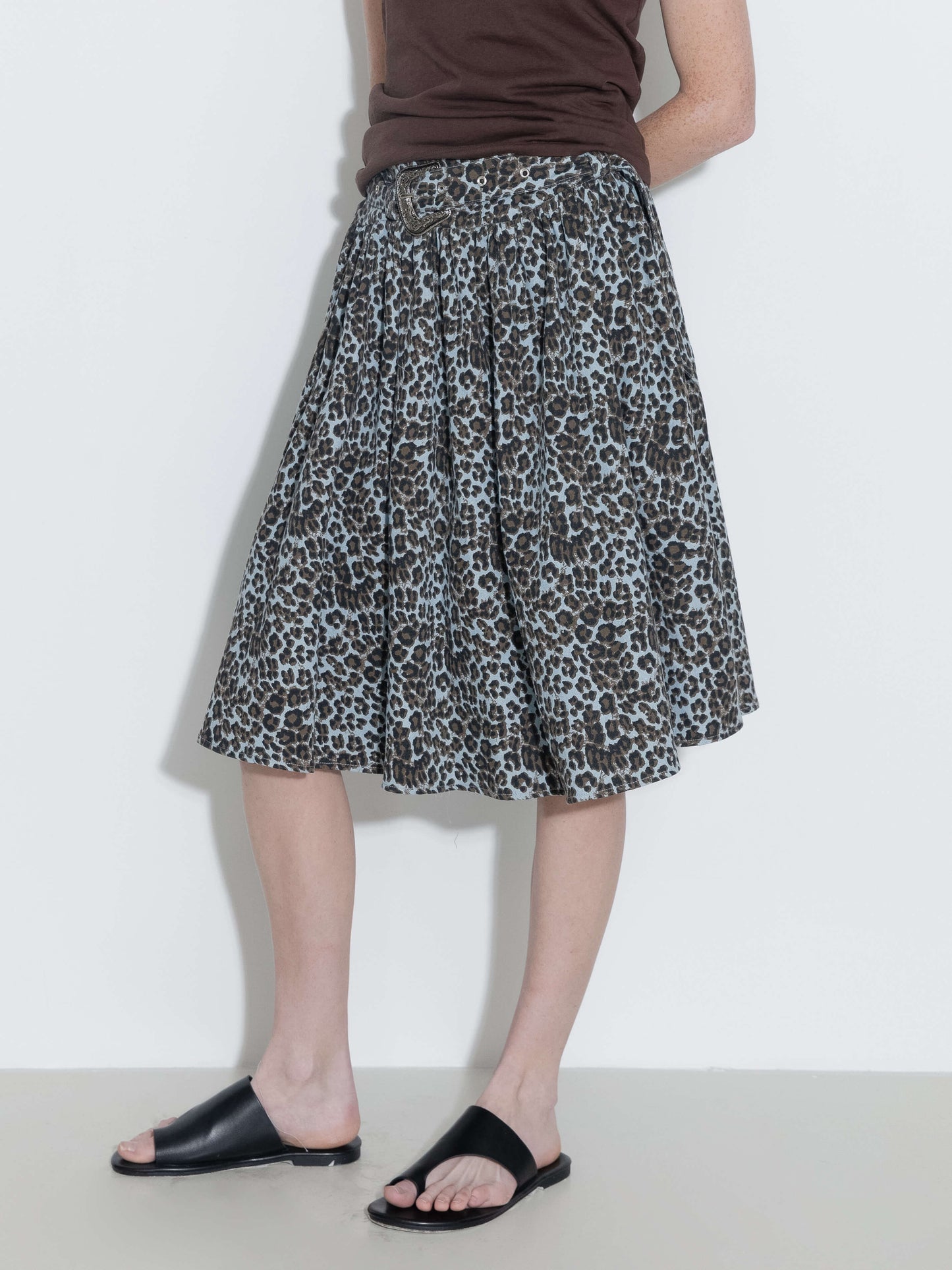 Leopard Print Pleated A-Line Skirt with Belt