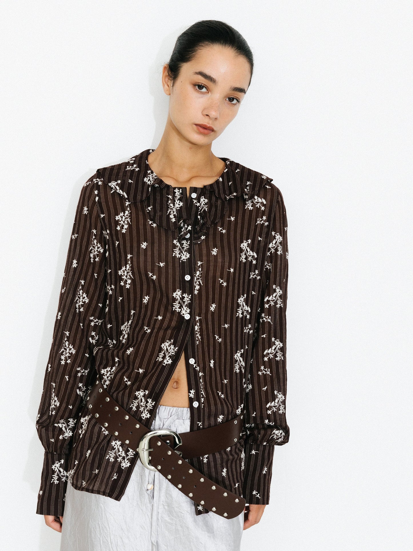 Striped Floral Ruffle Collar Cotton Shirt