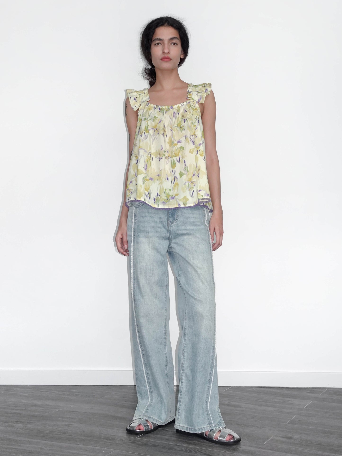 Yellow Floral Print Ruffle Cami Top