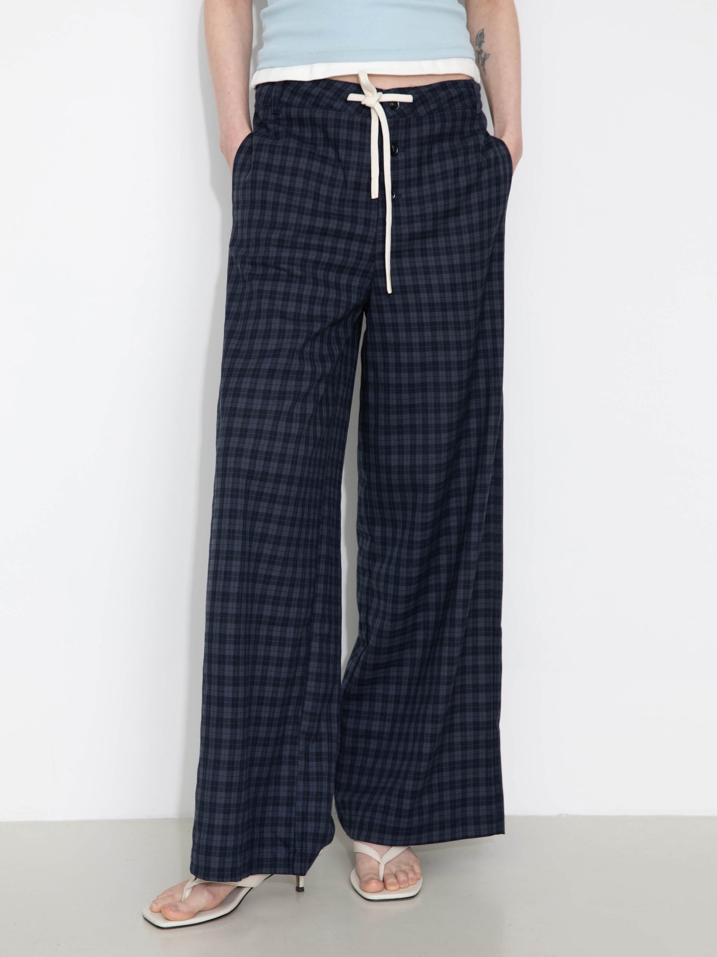 Drawstring Checkered Wide-Leg Casual Pants