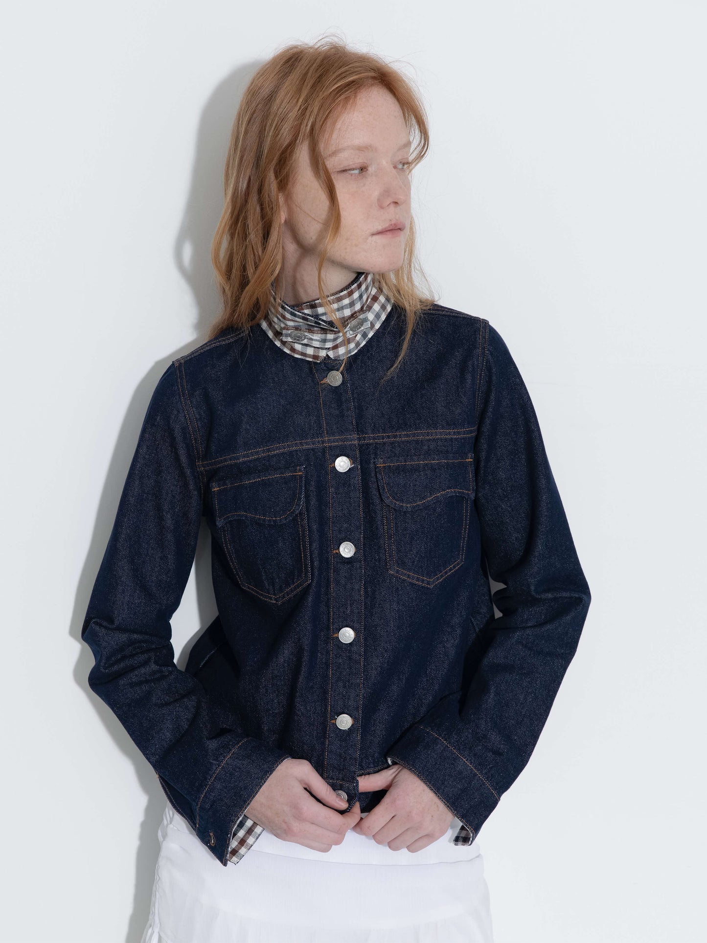 Color-Block High-Neck Denim Jacket