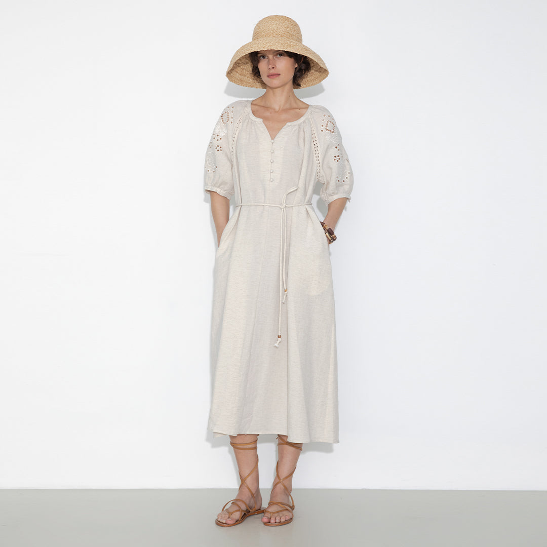 Loose-Fit Eyelet Embroidered Short-Sleeve Dress