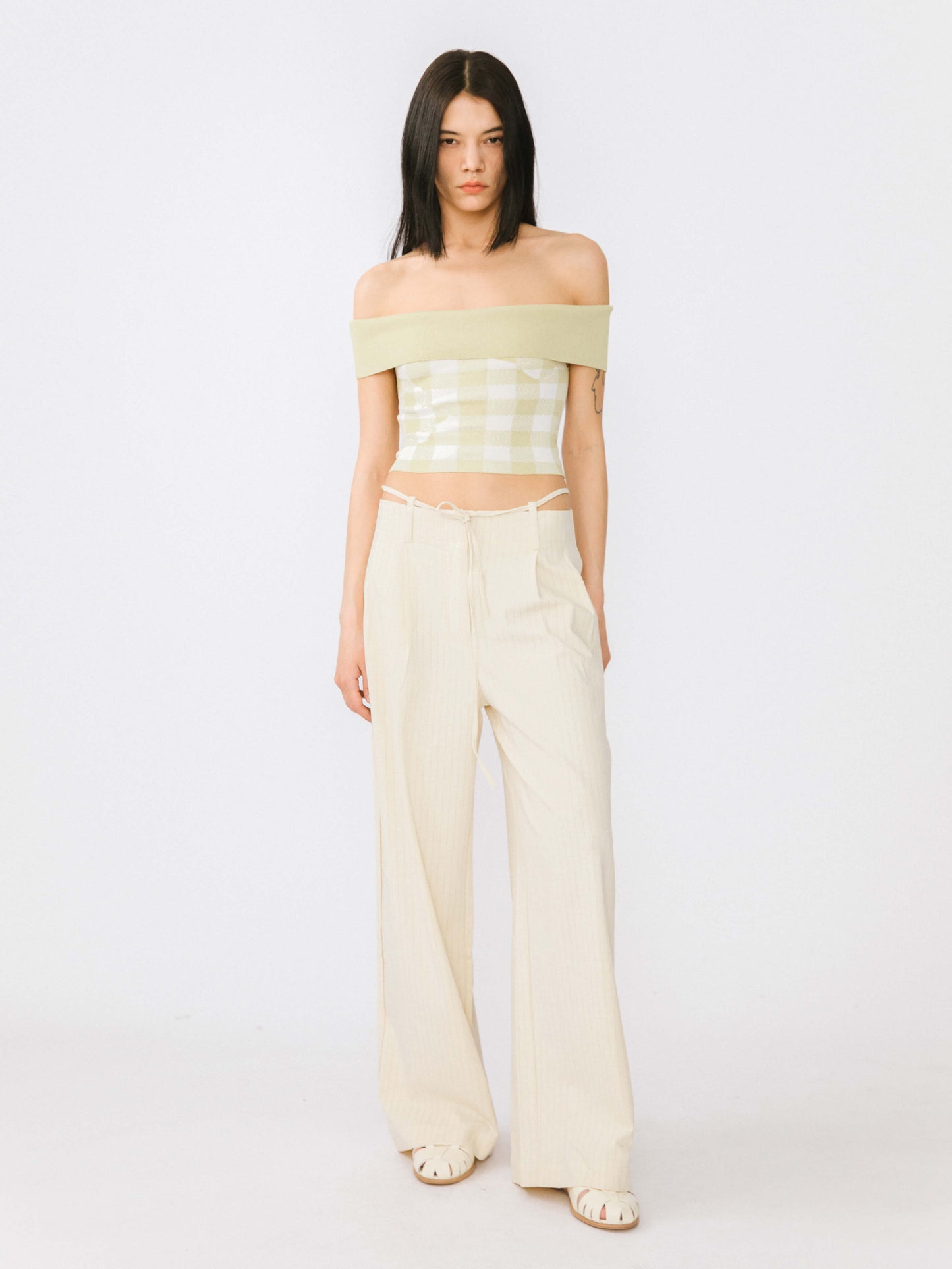 Off-Shoulder Checkered Knit Cami Top