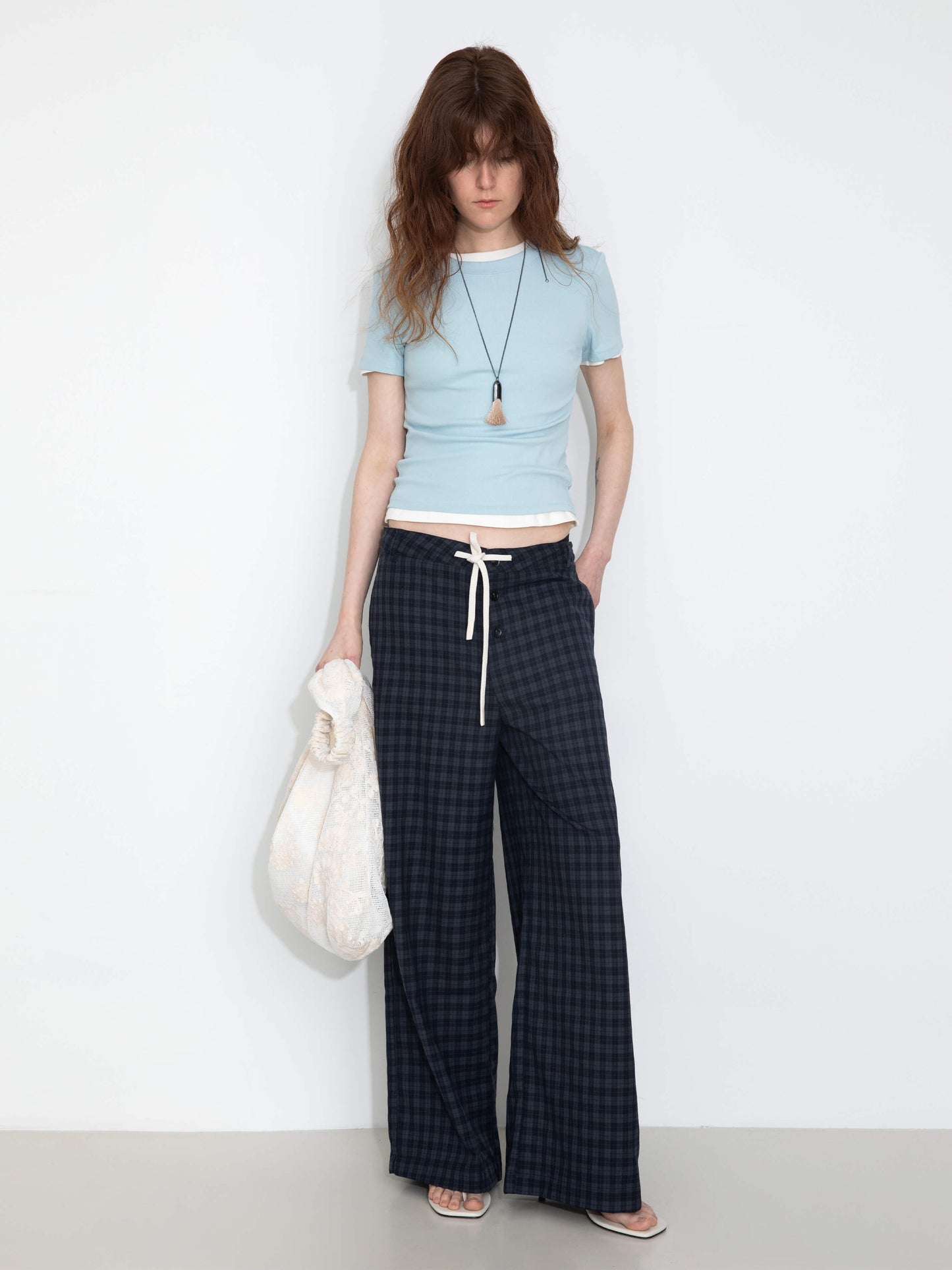 Drawstring Checkered Wide-Leg Casual Pants
