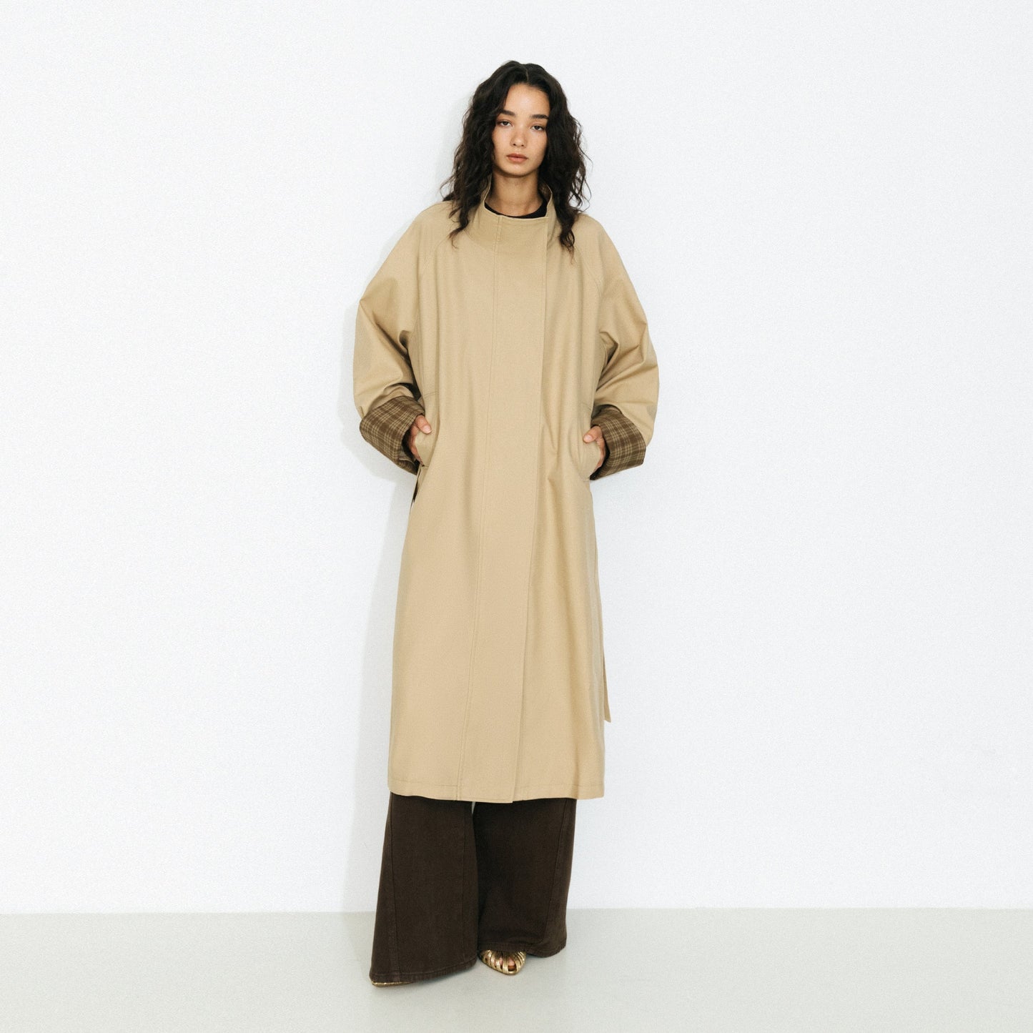 Funnel Neck Colorblock Cuff Trench Coat
