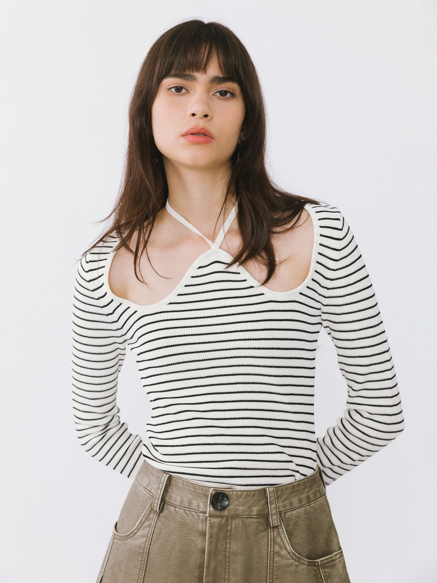 Chest Cut Out Striped Long Sleeve Top