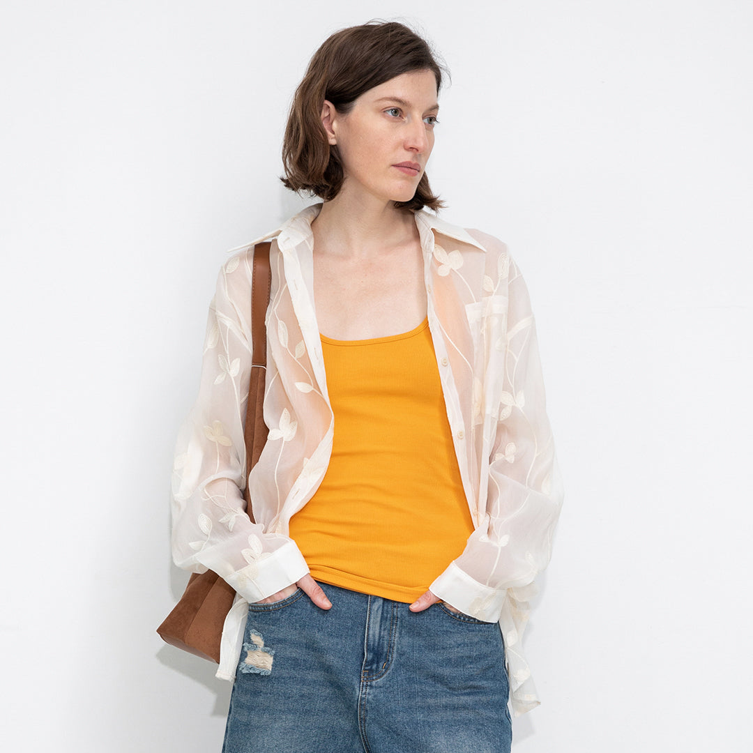Lightweight Ice Silk Embroidered Sheer Shirt