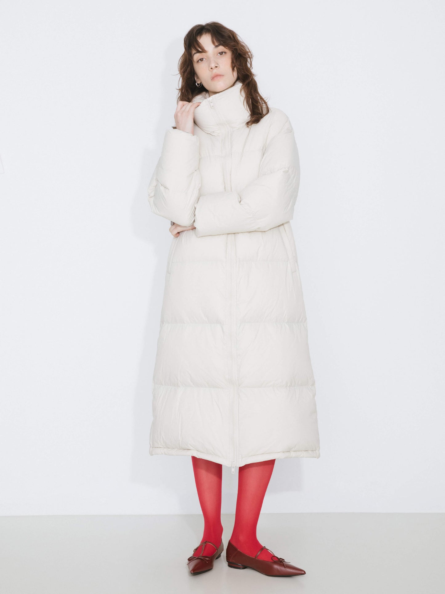 Long High Neck Zip Up Cocoon Down Coat