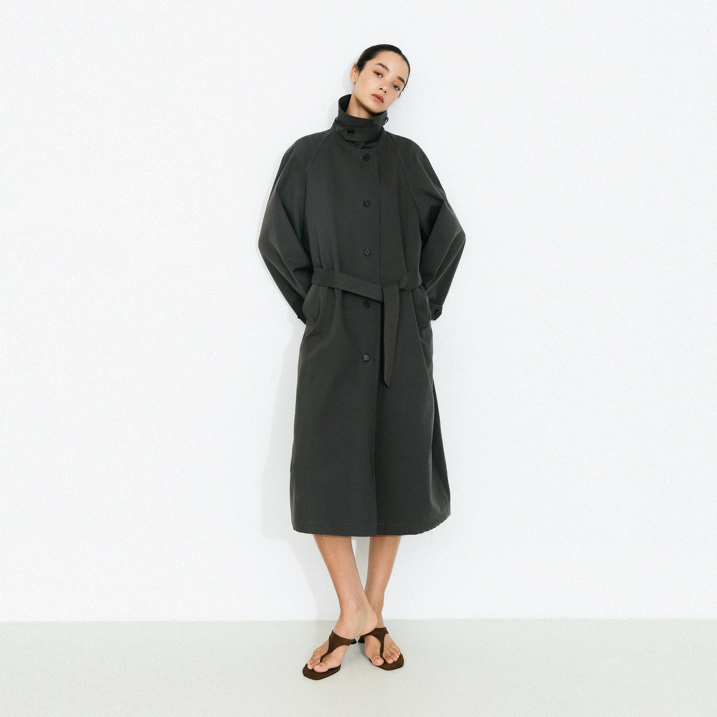 Stand Collar Longline Tie-Waist Trench Coat