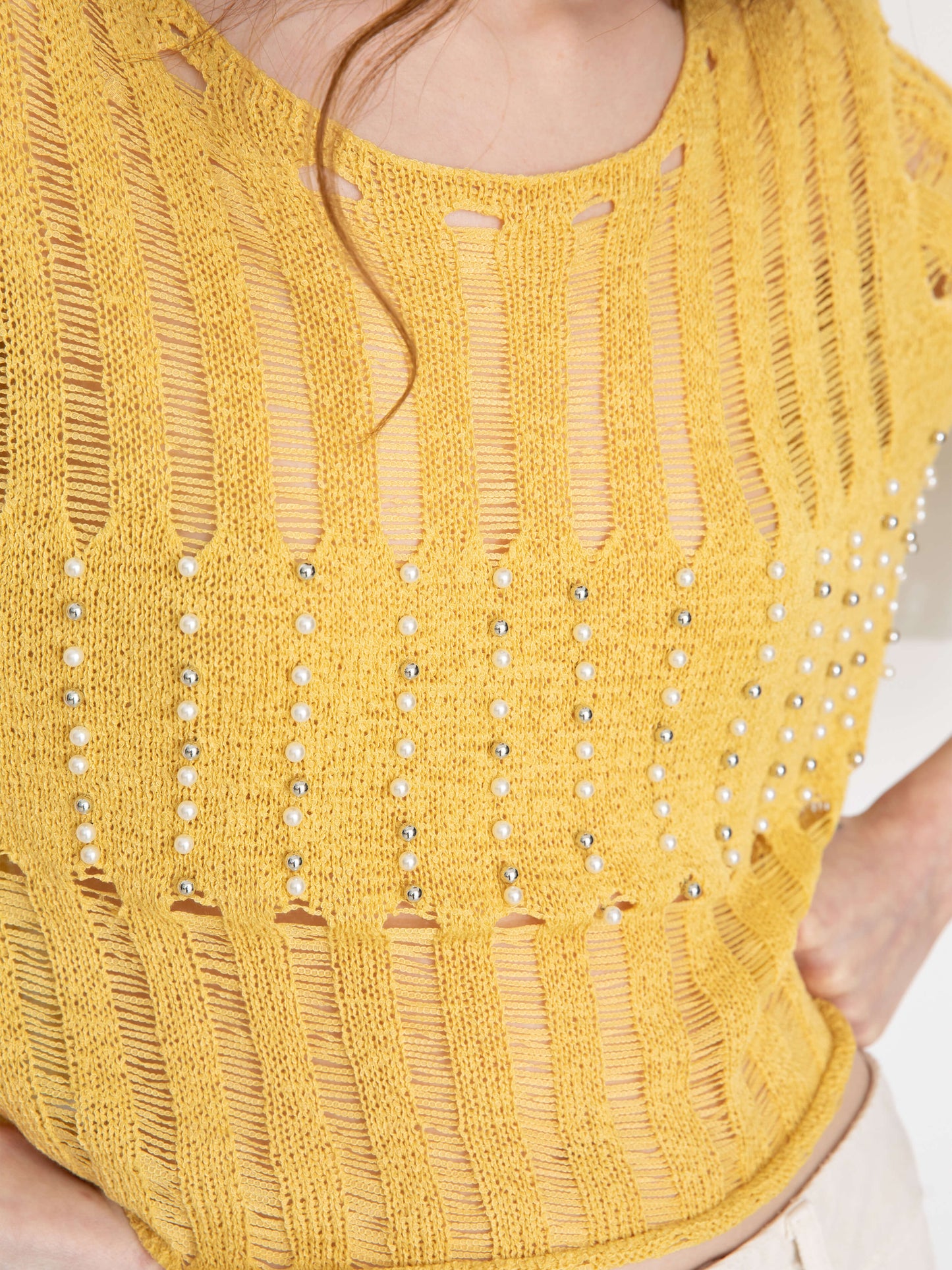 Beaded Hollow-Out Knit Top with Flare Sleeves