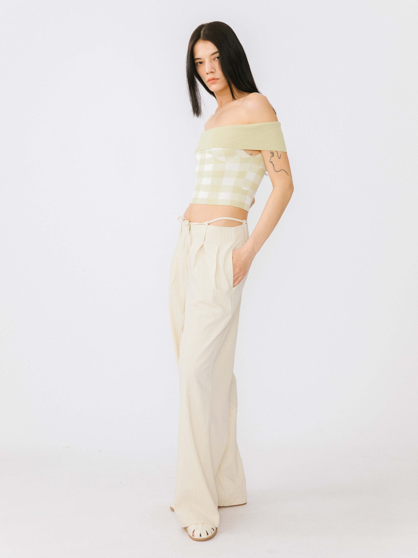 Beige Vertical Striped Wide Leg Casual Trousers