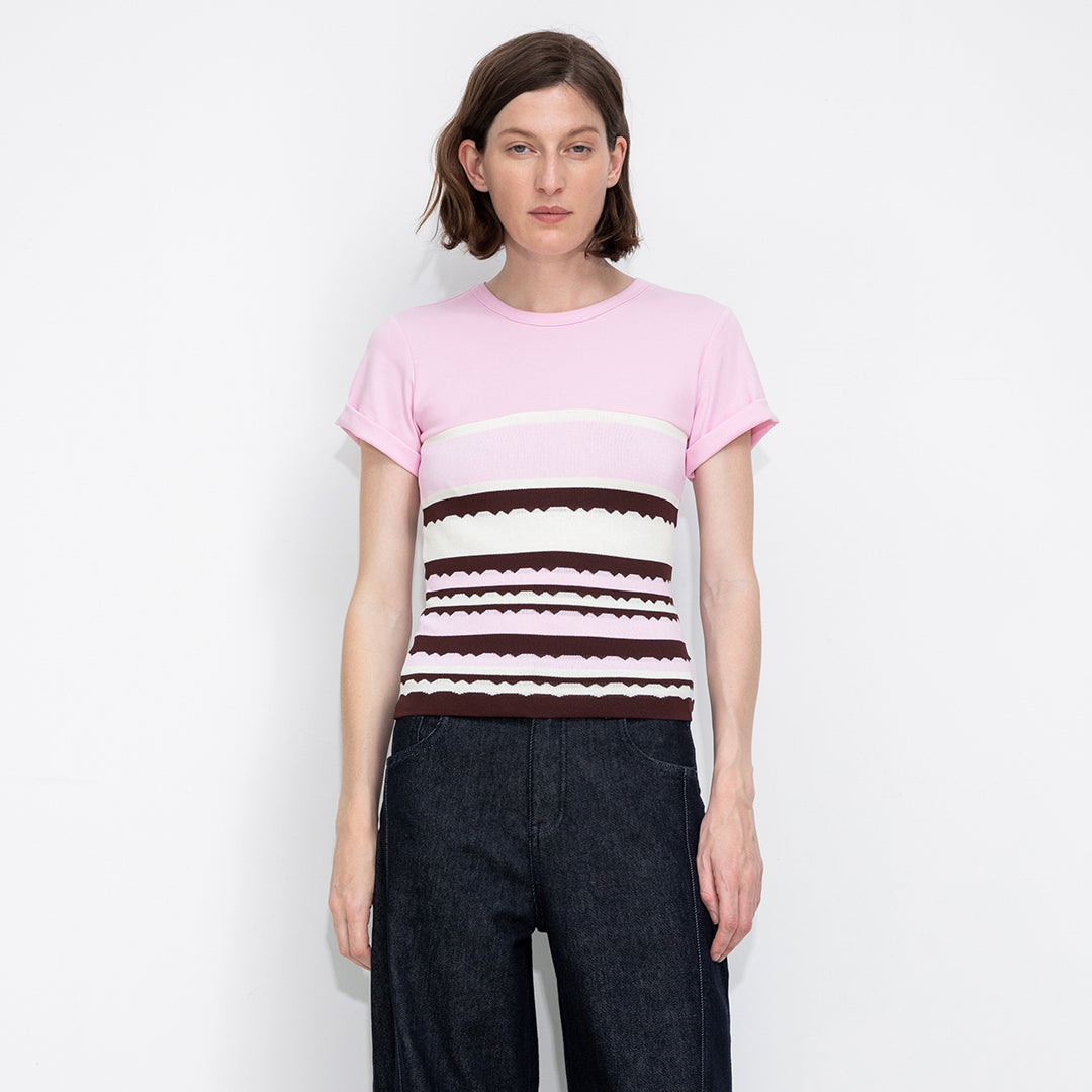 Round Neck Striped Color Block Knitted T-shirt