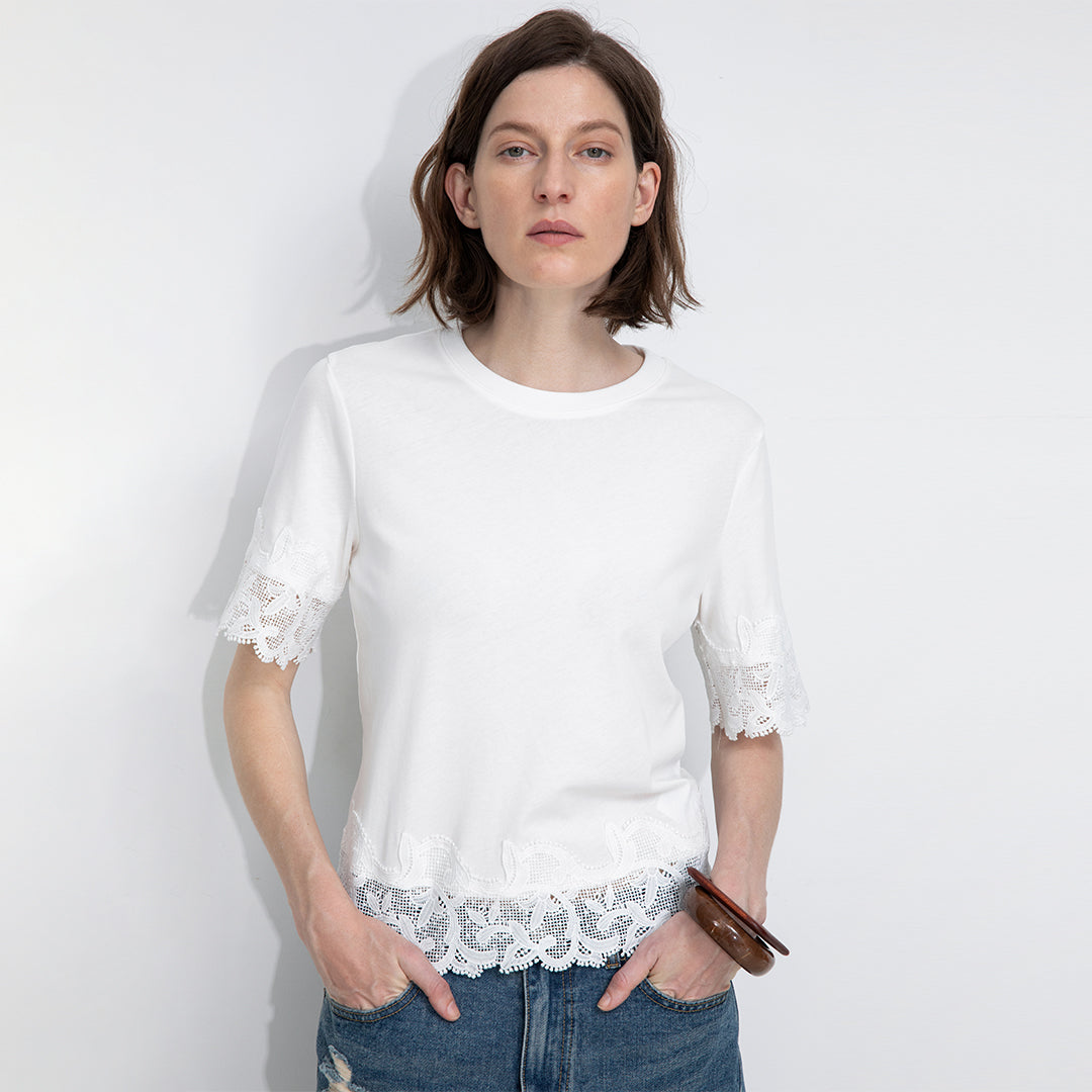 Loose Cotton T-Shirt with Lace Panels