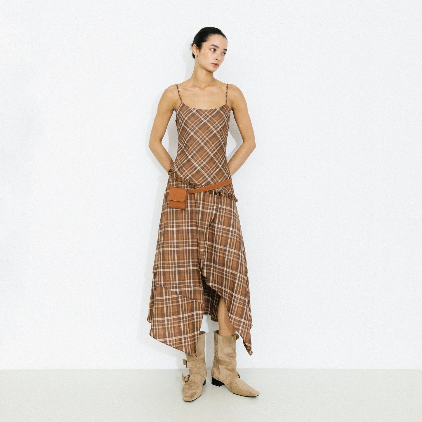 Checkered A-Line Cami Dress with Asymmetrical Hem