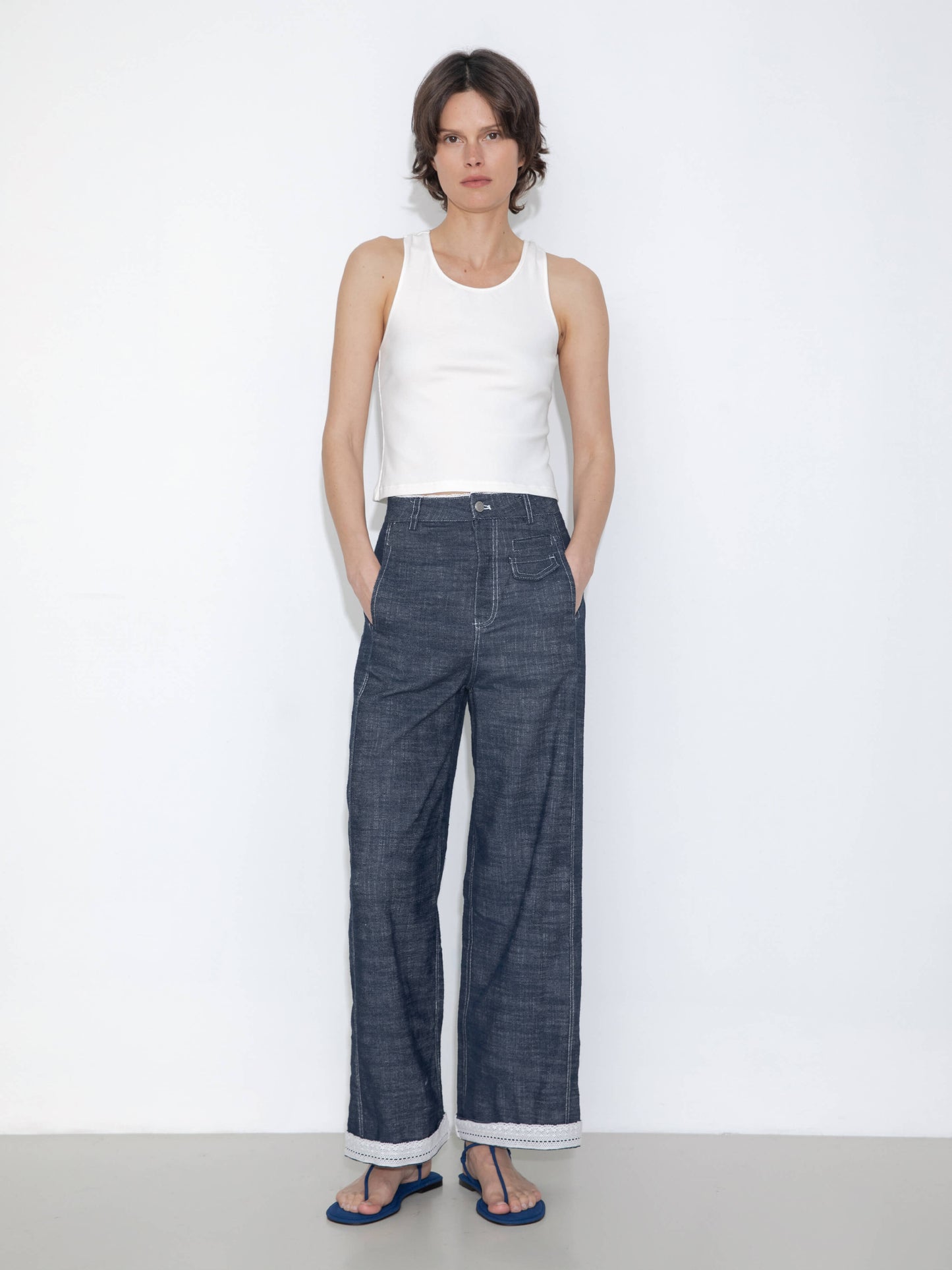 Linen-Cotton Lace Wide-Leg Straight Jeans