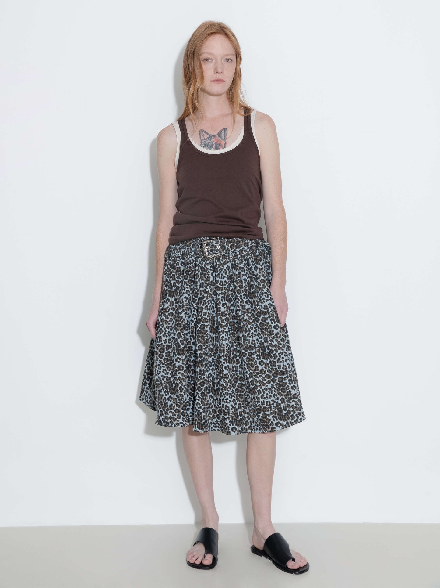 Leopard Print Pleated A-Line Skirt with Belt