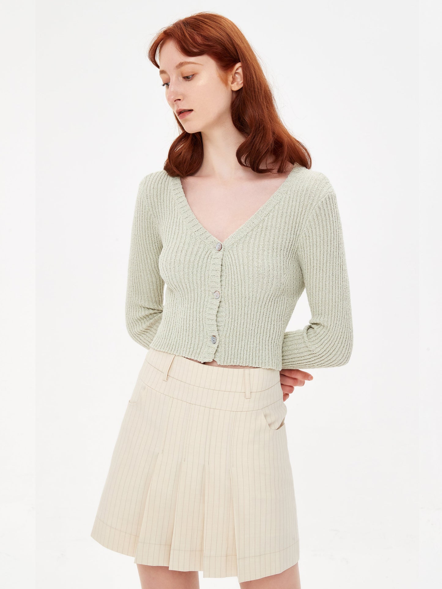 Cropped V-neck Rib Knit Cardigan