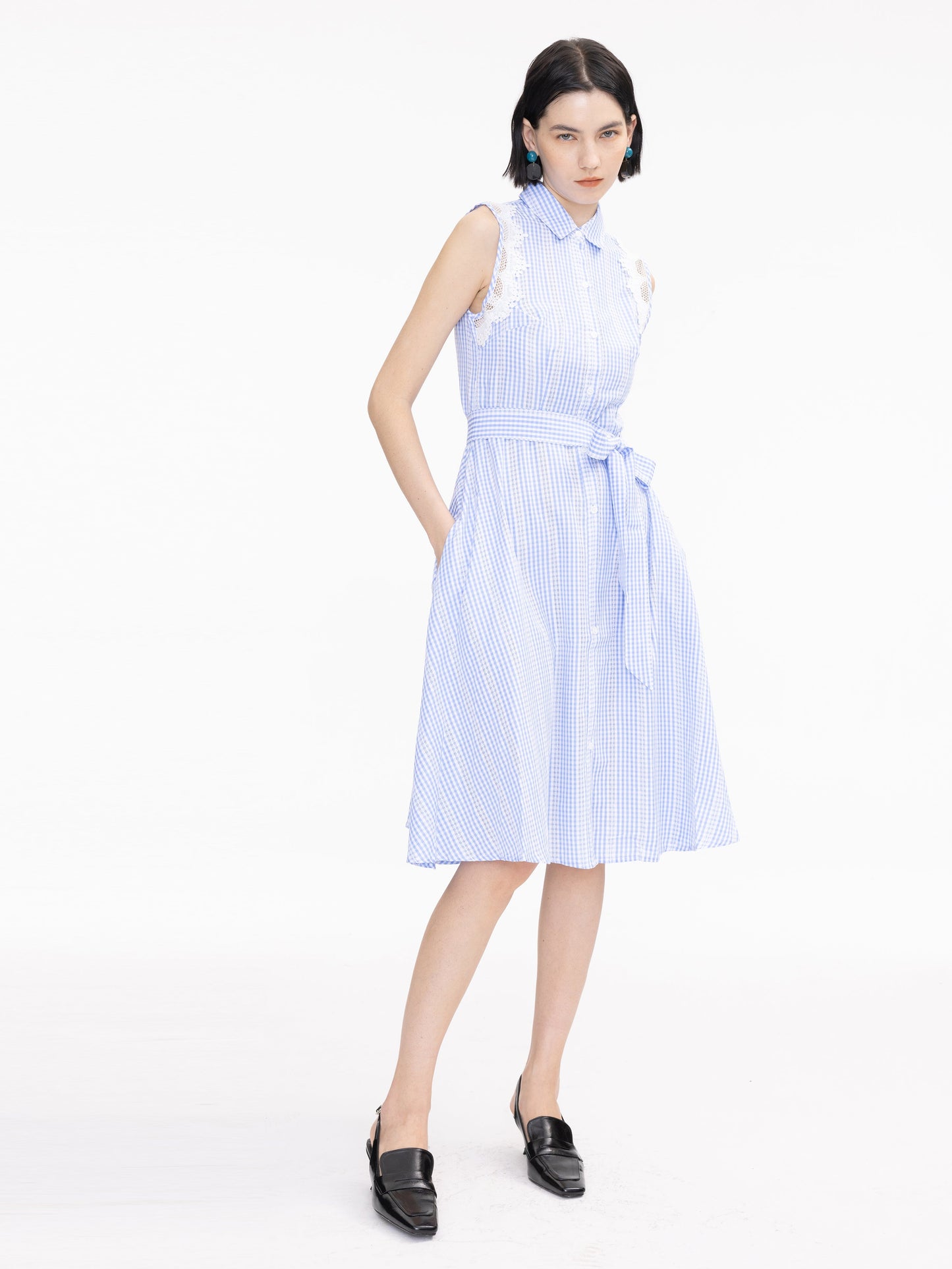 Plaid and Lace Sleeveless Shirt Dress
