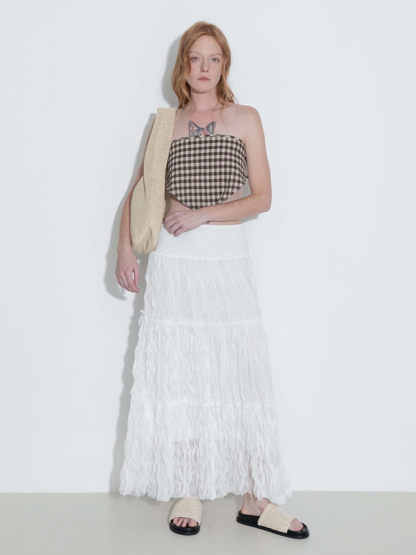 White Wavy Draped Midi Skirt