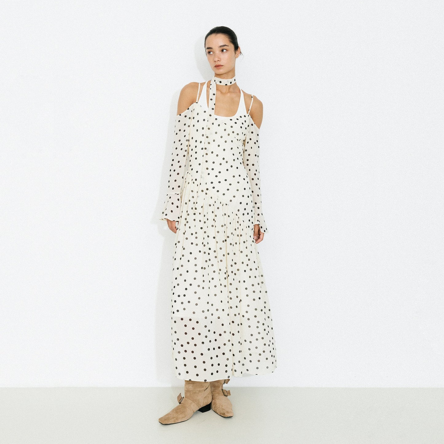 Polka Dot Off-Shoulder Cami Sleeve Maxi Dress