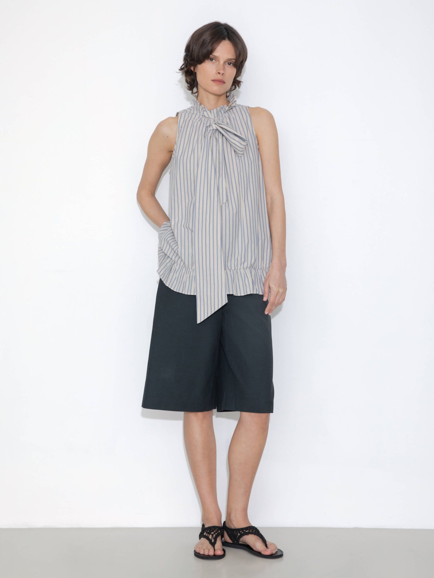 Ruffle Stand Collar Tie A-line Tank Top