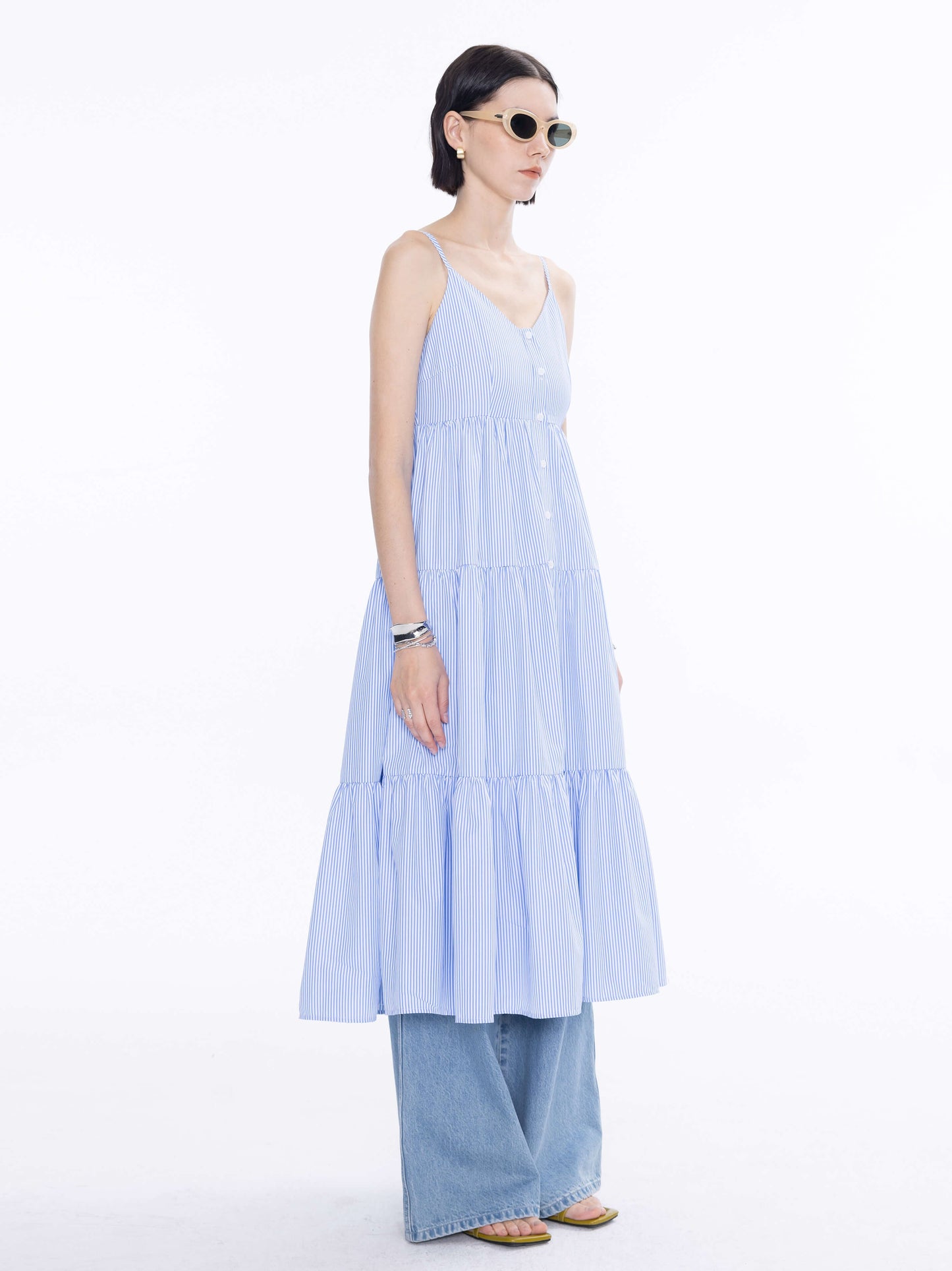Pinstripe Spaghetti Strap Tiered Dress