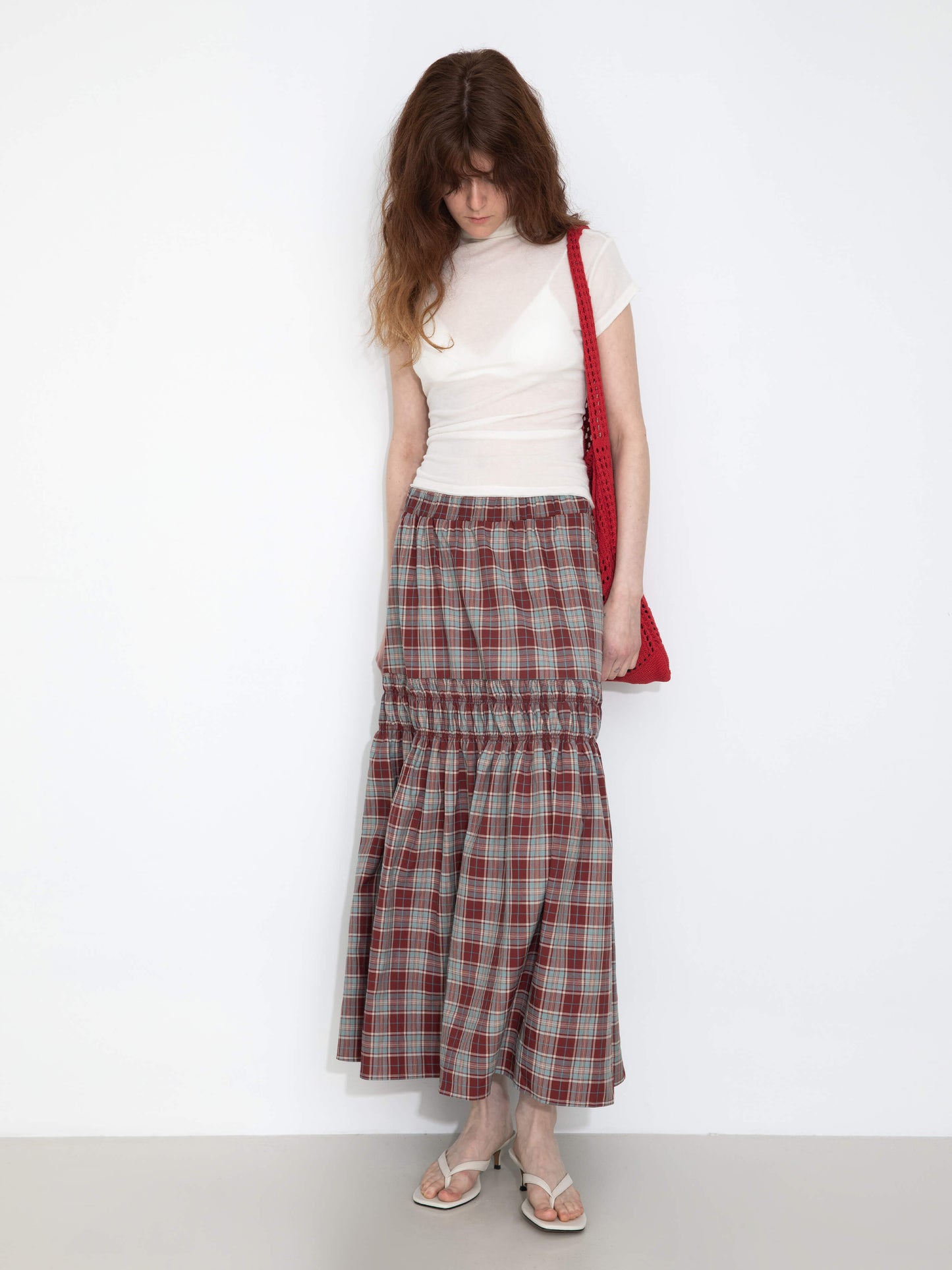 Elastic Drawstring High Waist Checked Skirt