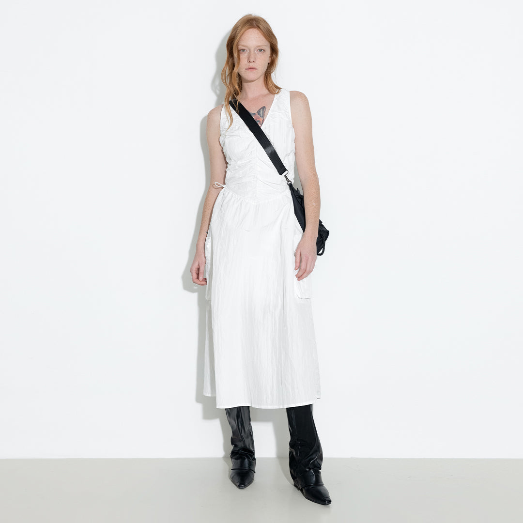 Drawstring Pleated V-Neck Sleeveless Dress