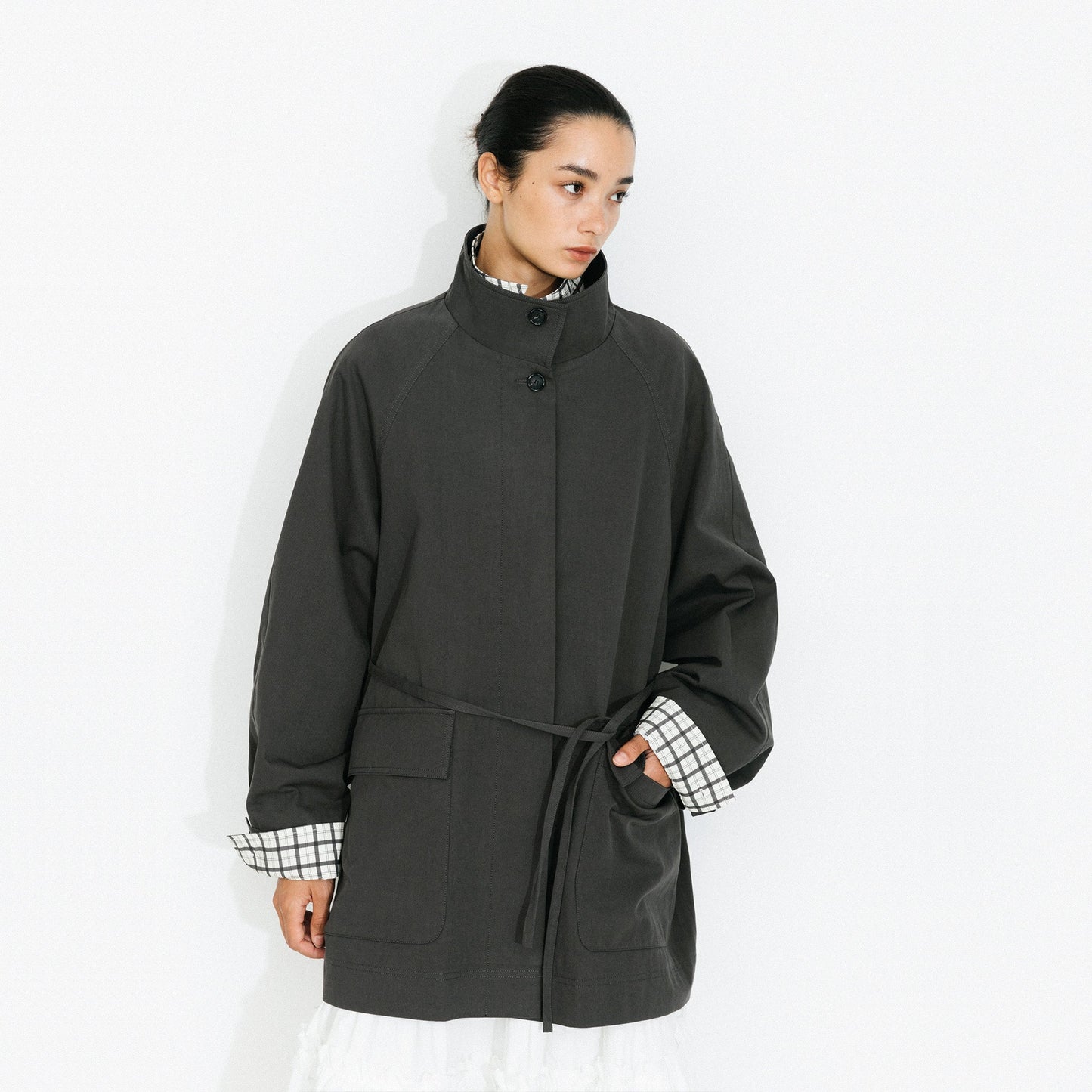 100% Cotton Stand Collar Mid-Length Tie-Waist Trench Coat