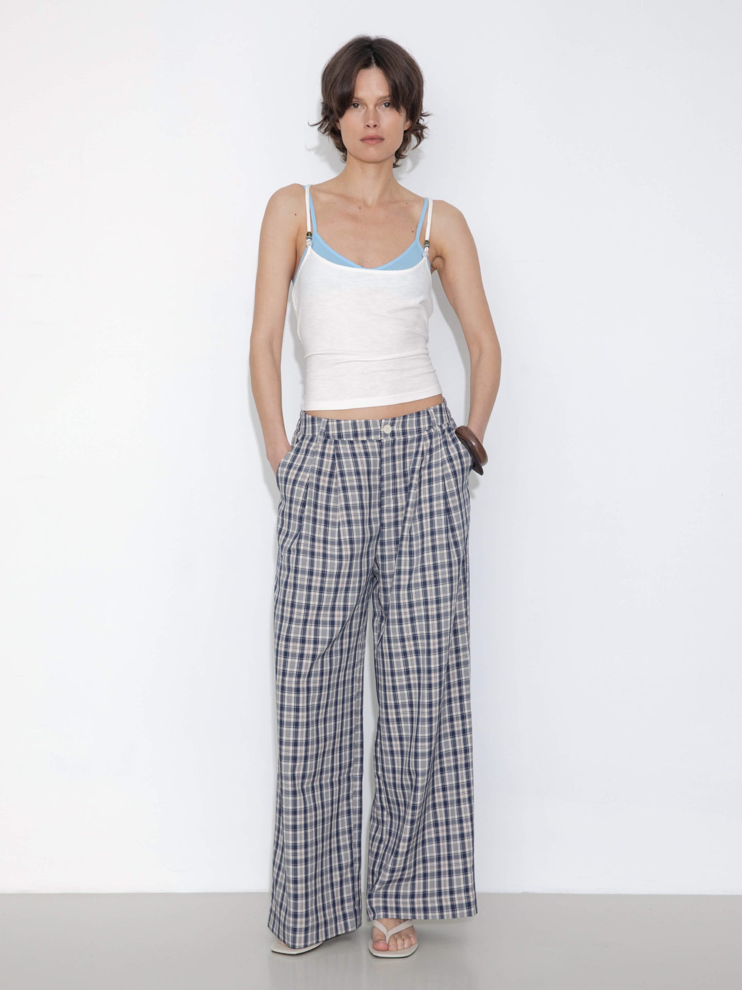 Striped Check High-Waisted Wide-Leg Casual Pants