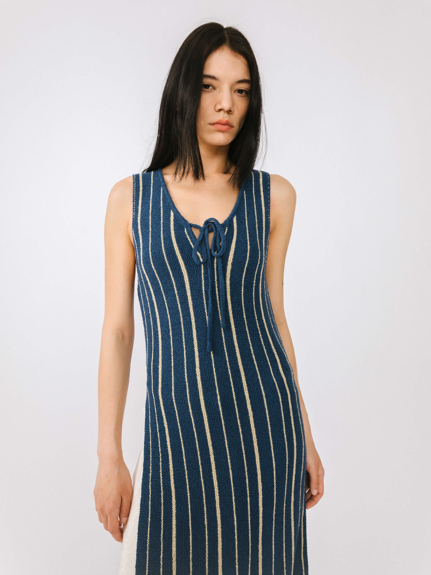 High Slit Striped Knit Sleeveless Dress