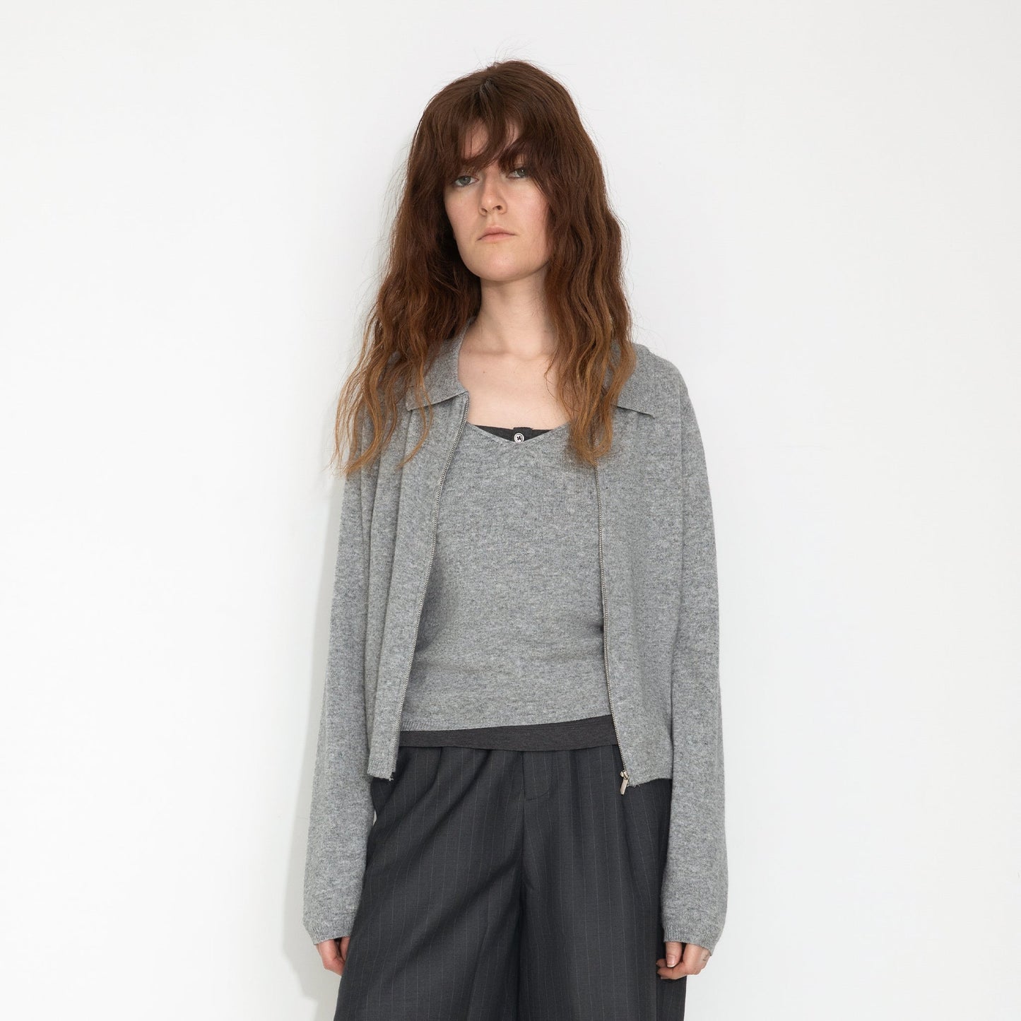 Zip-Up Collared Cropped Knit Cardigan & Vest Set