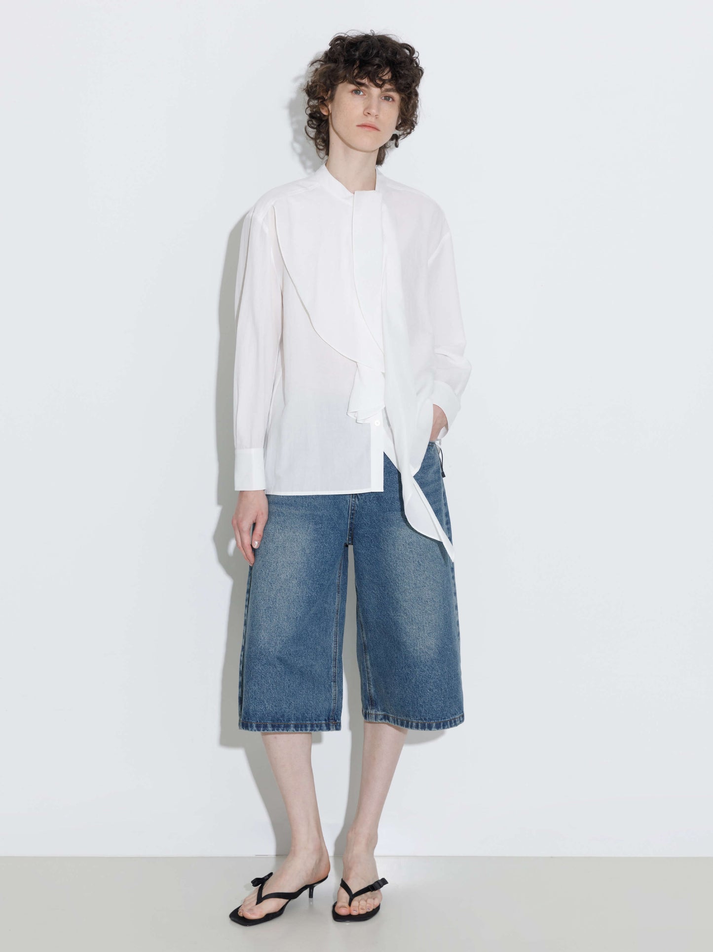 Ruffle Neck Tie Long Sleeve Shirt