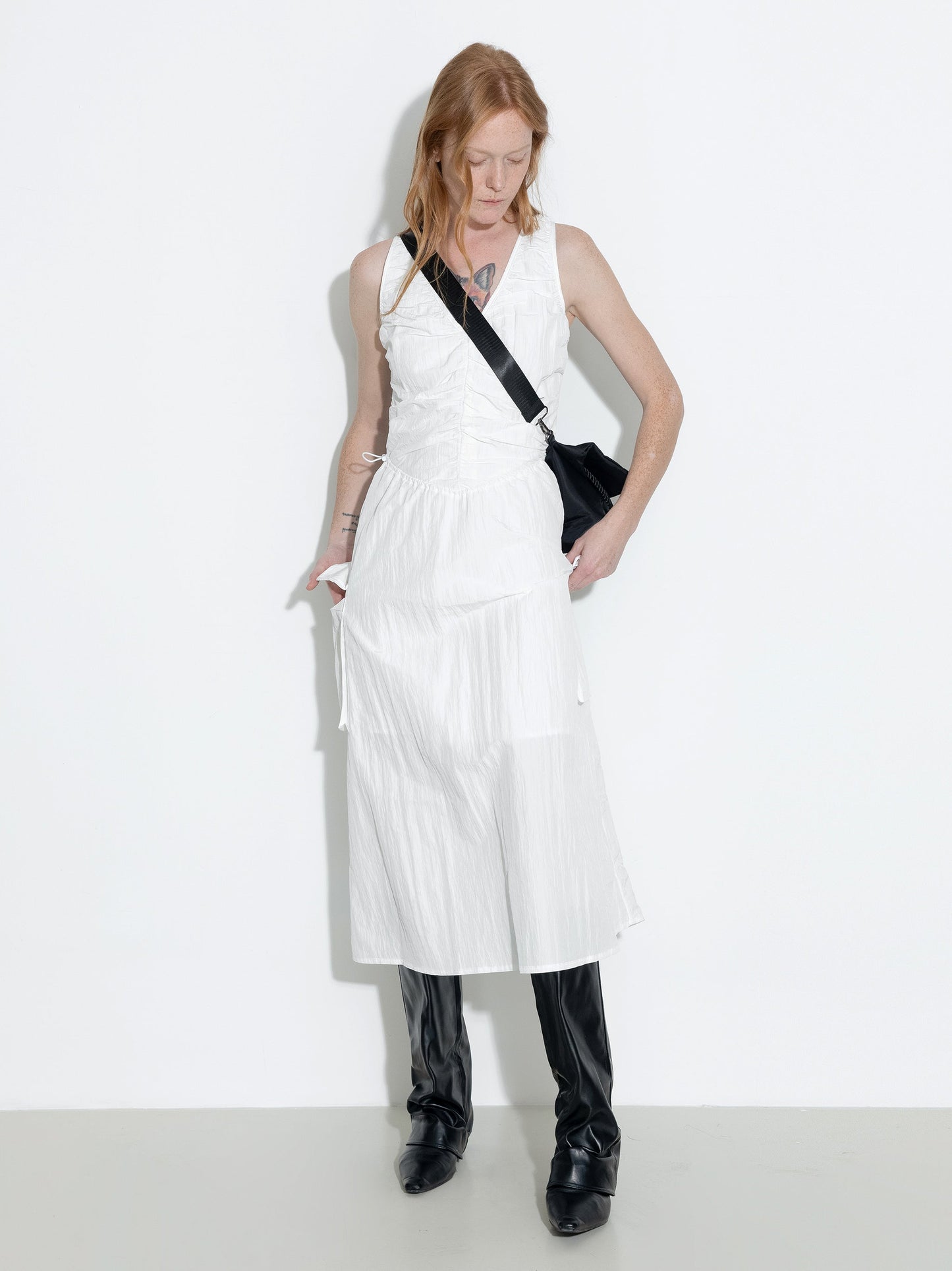 Drawstring Pleated V-Neck Sleeveless Dress