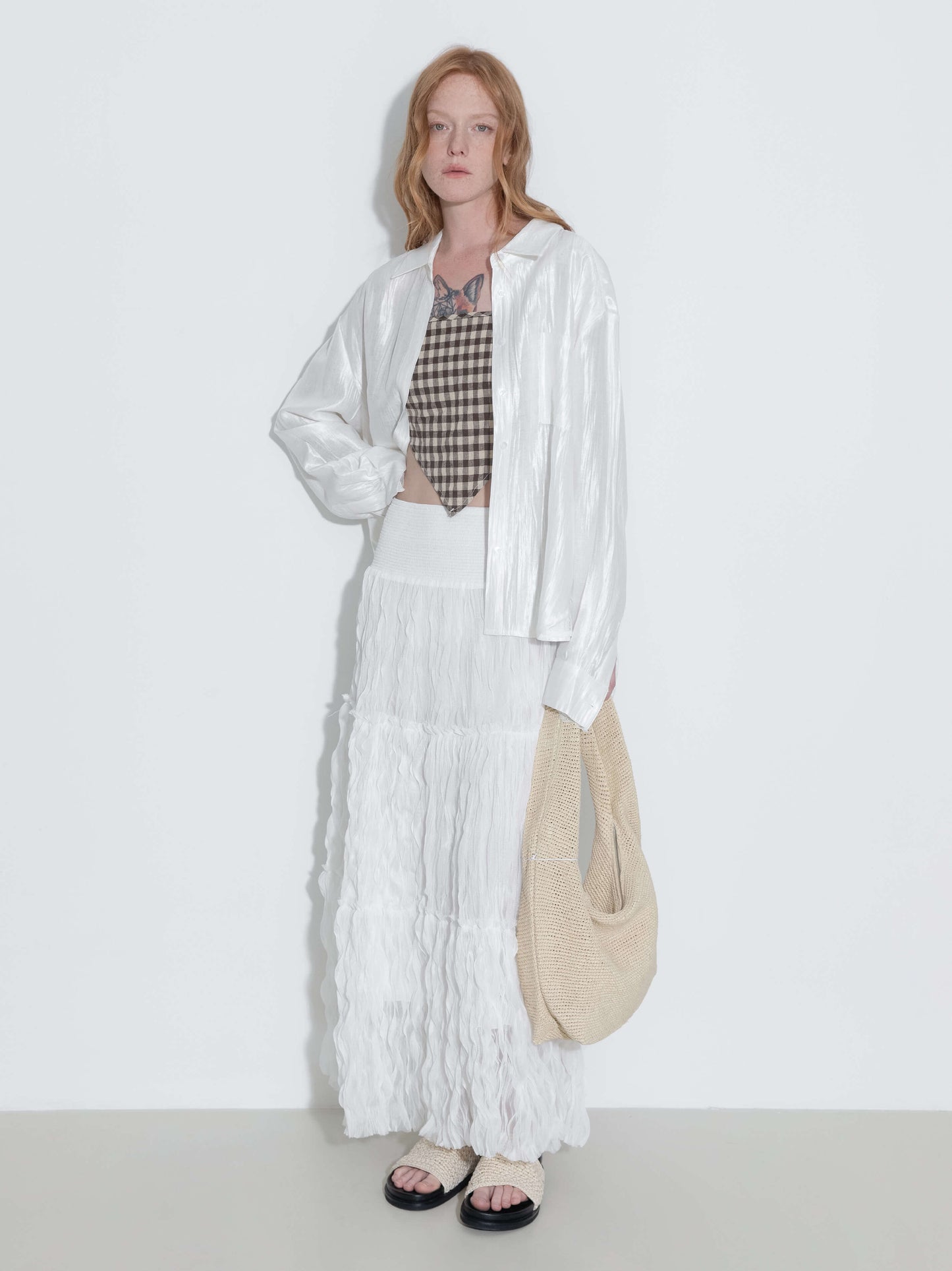 White Wavy Draped Midi Skirt