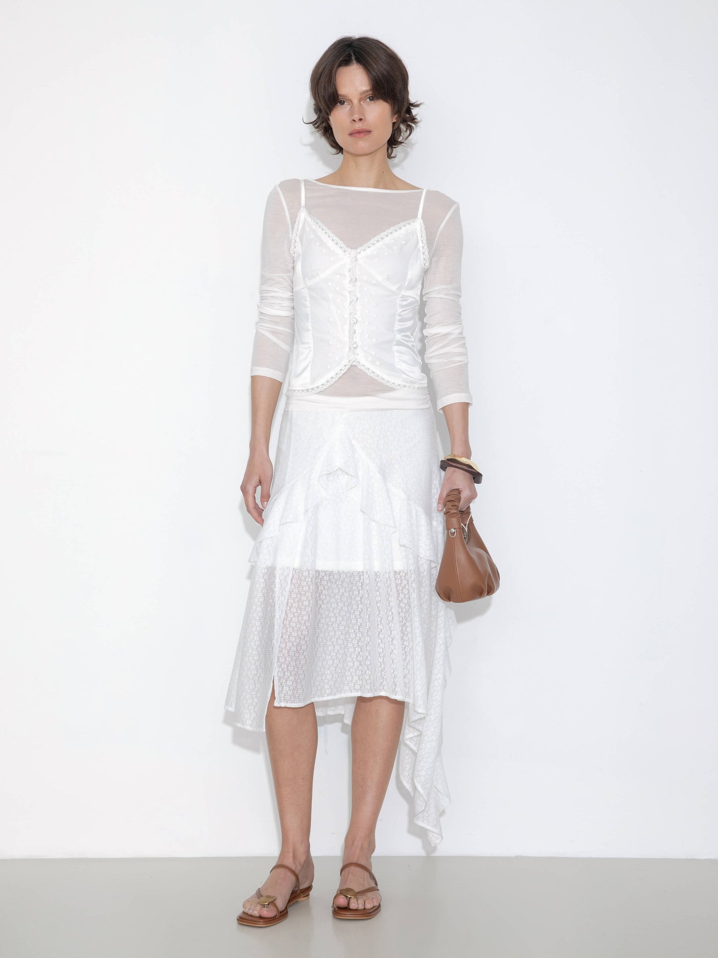 Asymmetrical Ruffled Floral Eyelet Skirt