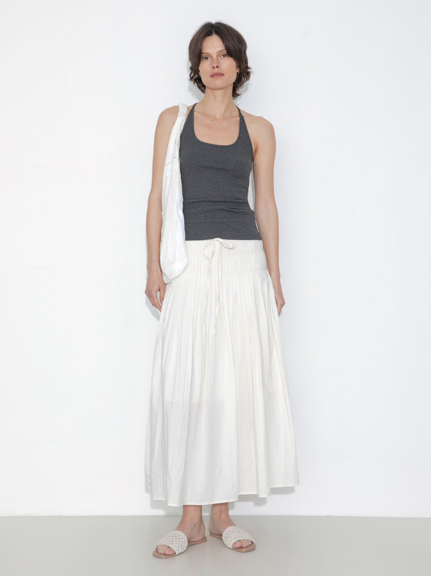 High-Waist Drawstring Pleated Skirt