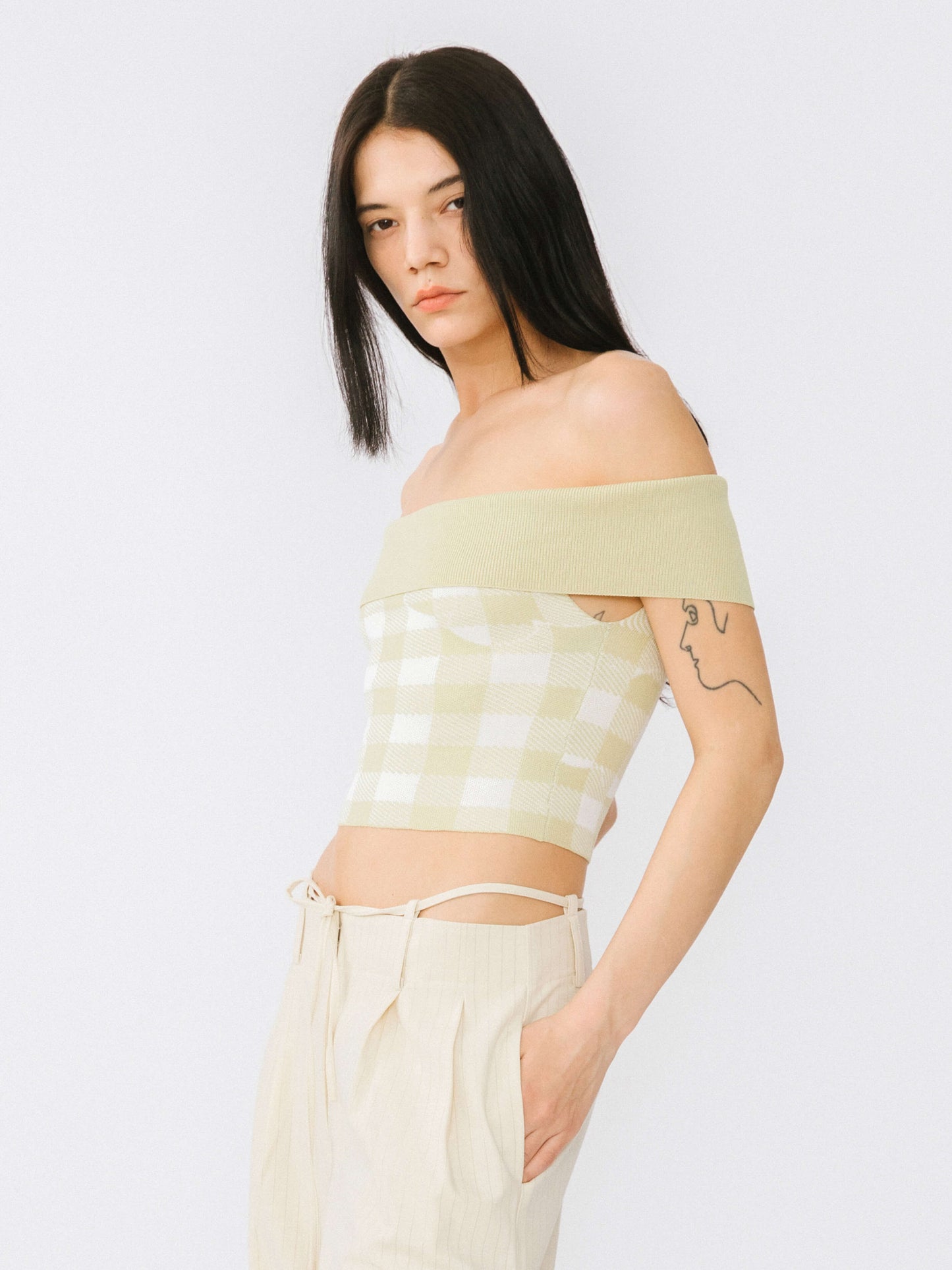 Off-Shoulder Checkered Knit Cami Top