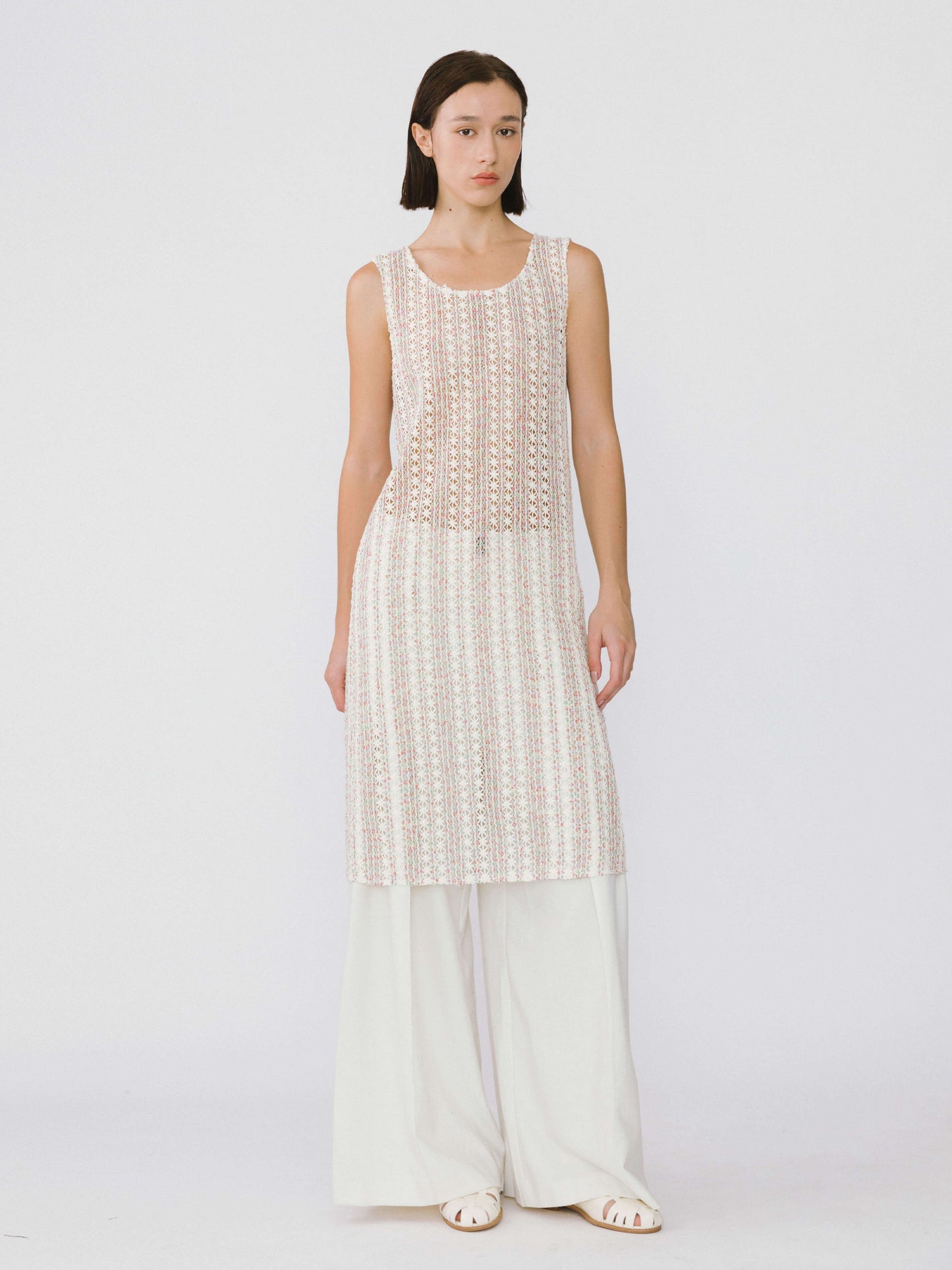 Beige Knitted Mesh Sleeveless Dress